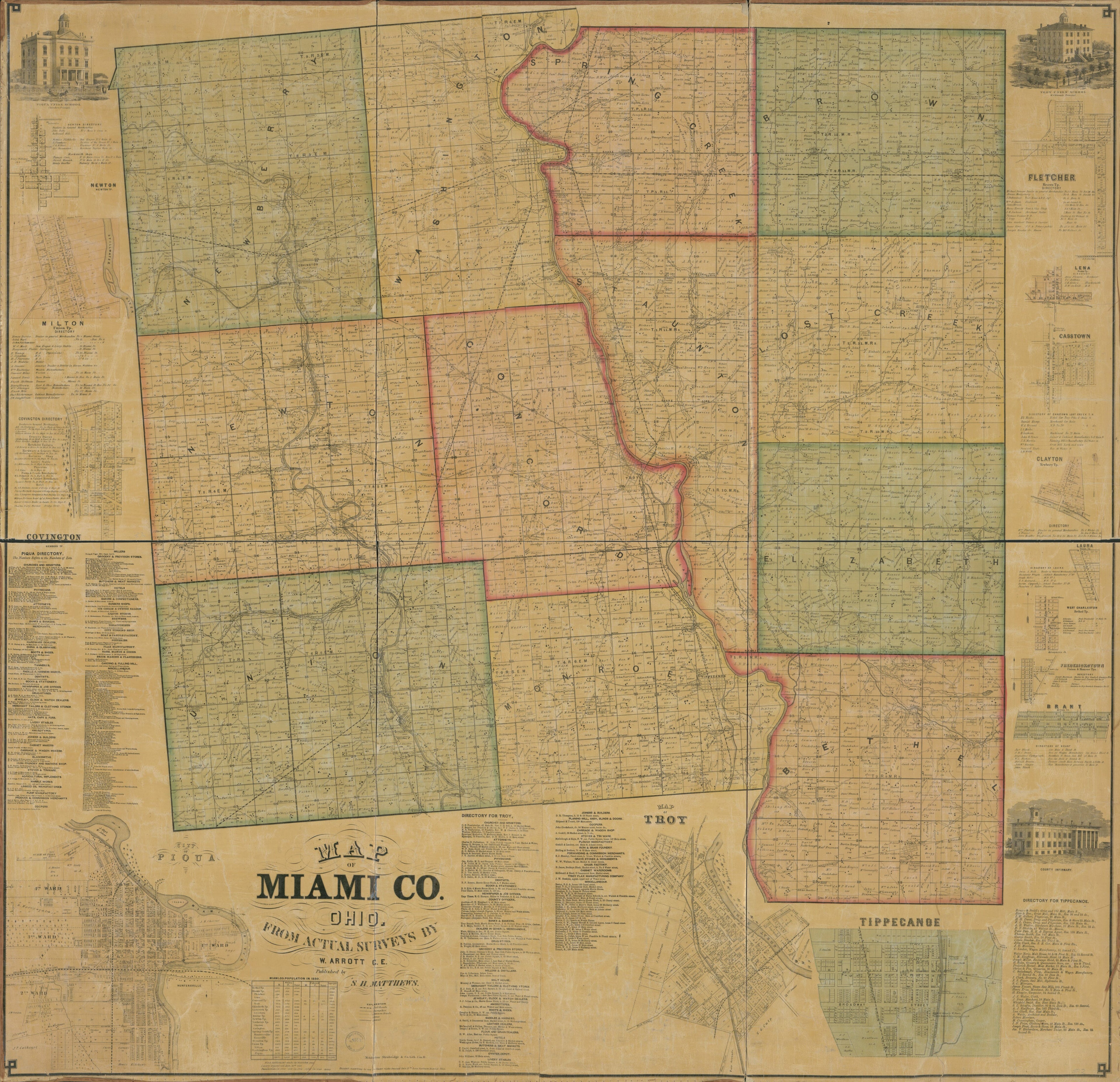 This old map of Map of Miami Co., Ohio from 1858 was created by W. Arrott, Strobridge & Co Middleton in 1858