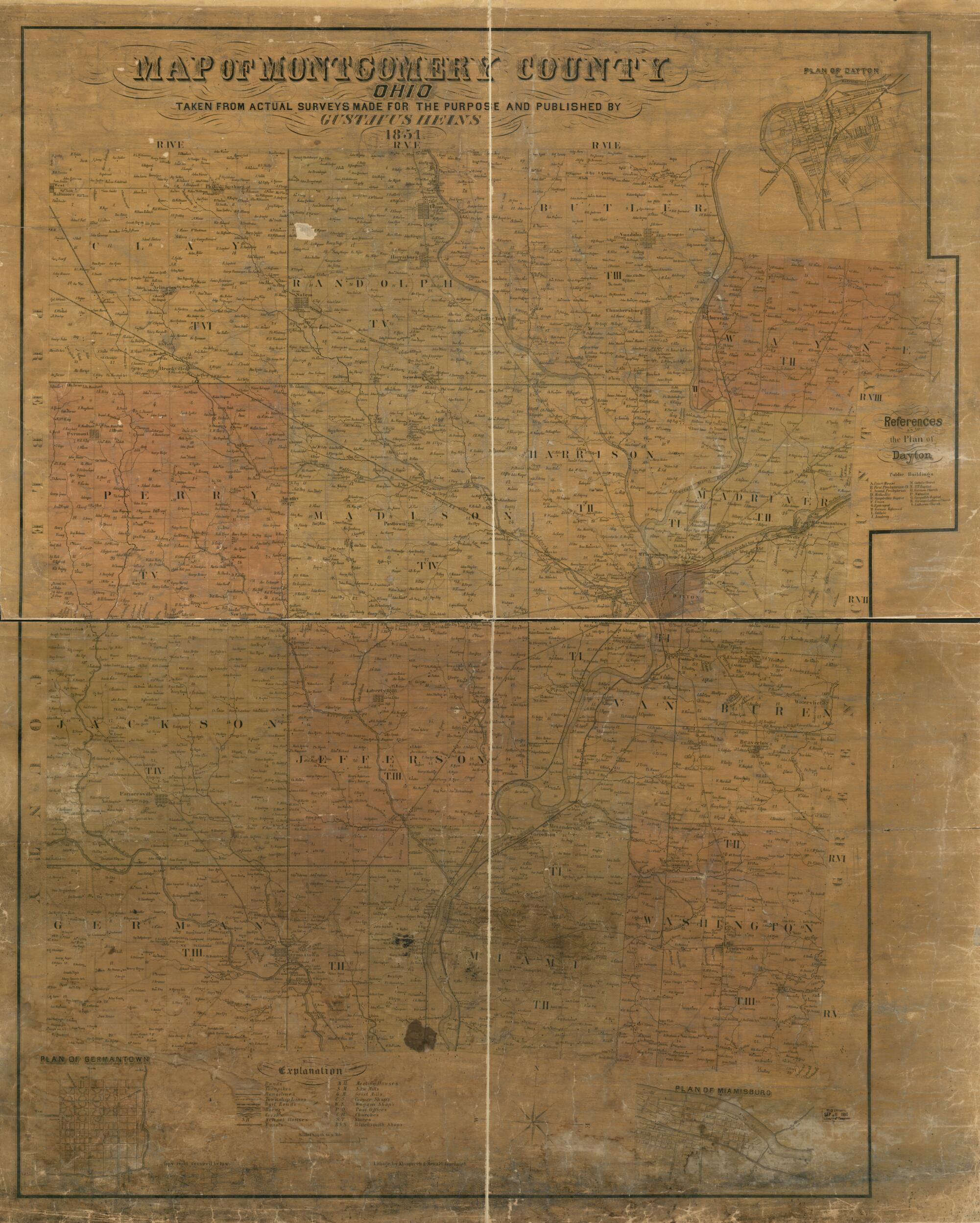 This old map of Map of Montgomery County, Ohio from 1851 was created by Gustavus Heins, Klauprech & Menzel in 1851