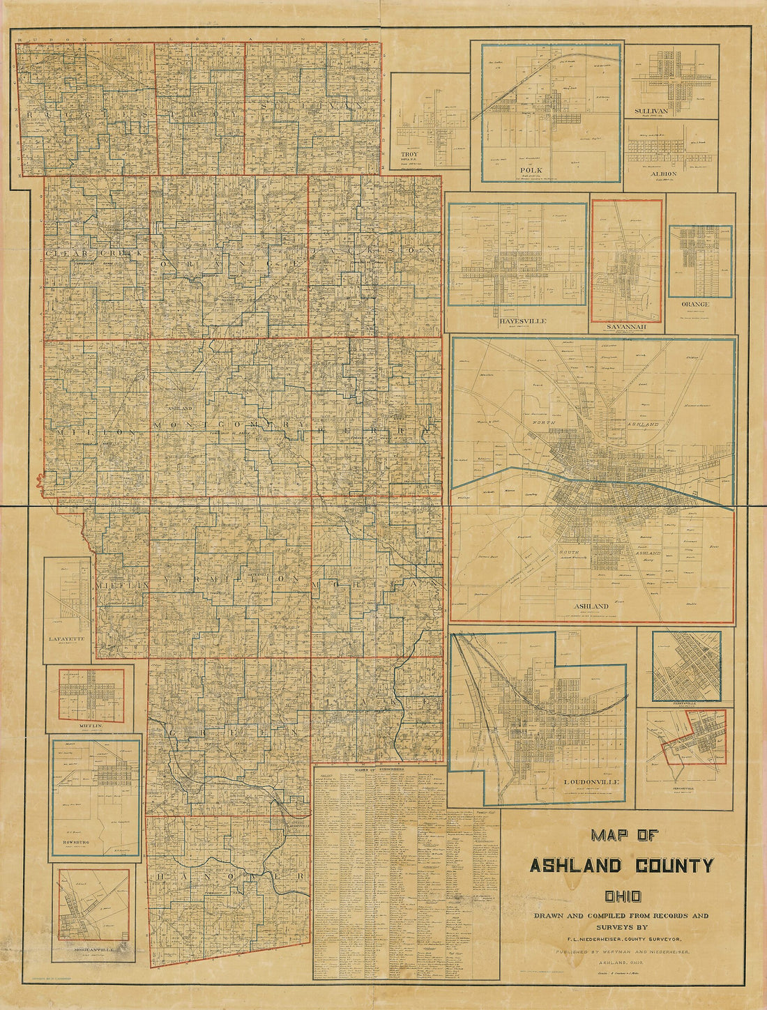 This old map of Map of Ashland County, Ohio from 1897 was created by F. L. Niederheiser in 1897