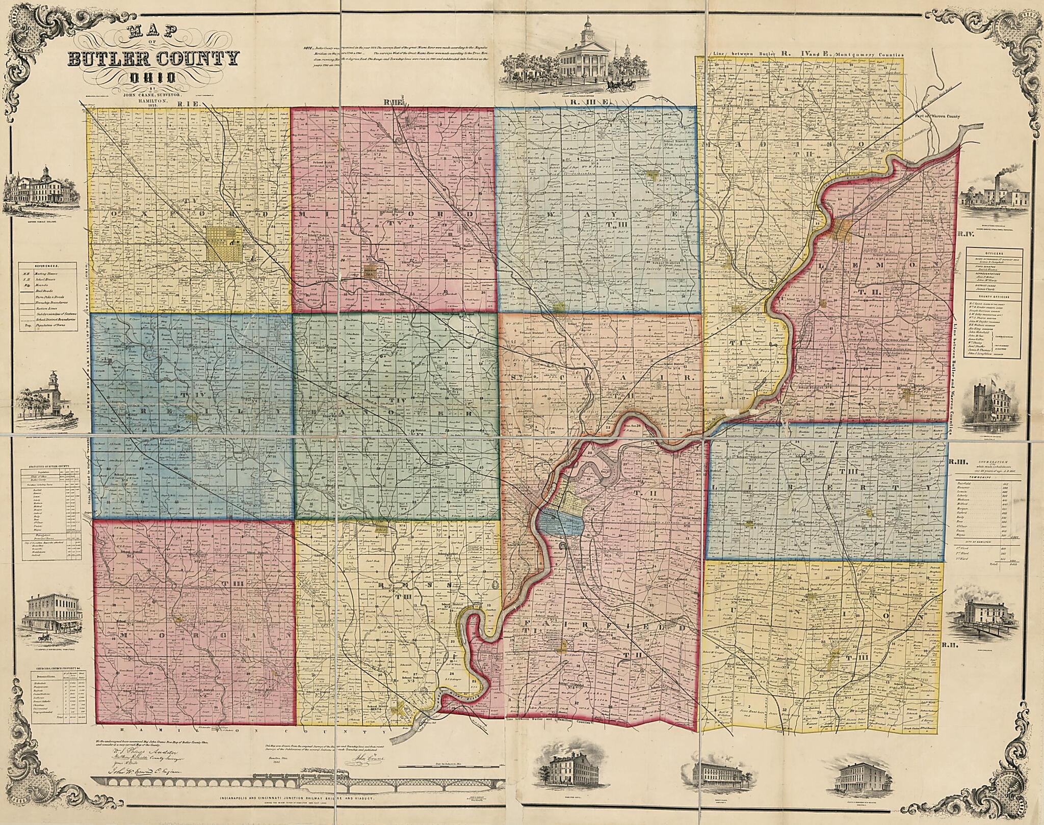 This old map of Map of Butler County, Ohio from 1855 was created by John Crane, Wallace & Co Middleton in 1855