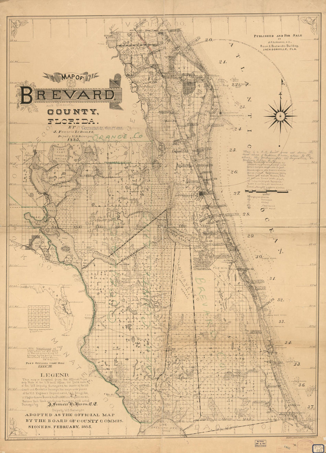 This old map of Map of Brevard County, Florida from 1893 was created by Forbes Lithograph Manufacturing Company, J. Francis Le Baron in 1893