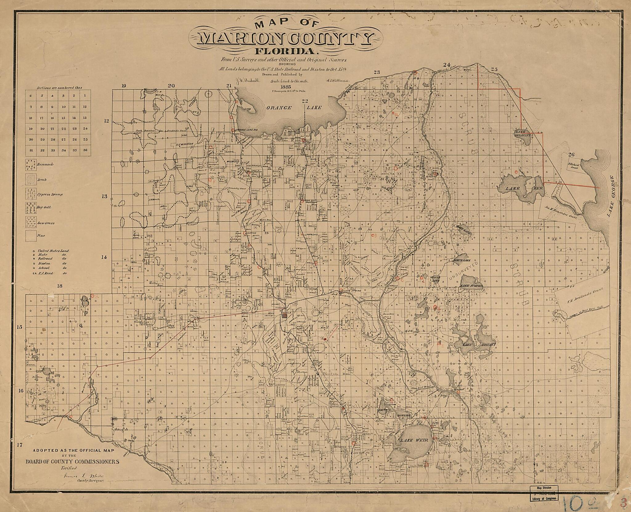 Map of Marion County, Florida : from U.S. Surveys and Other Official and Original Sources Showing All Lands Belonging to the U.S. State Railroad and Disston to Oct. 15th 1885 by Relic Map Company