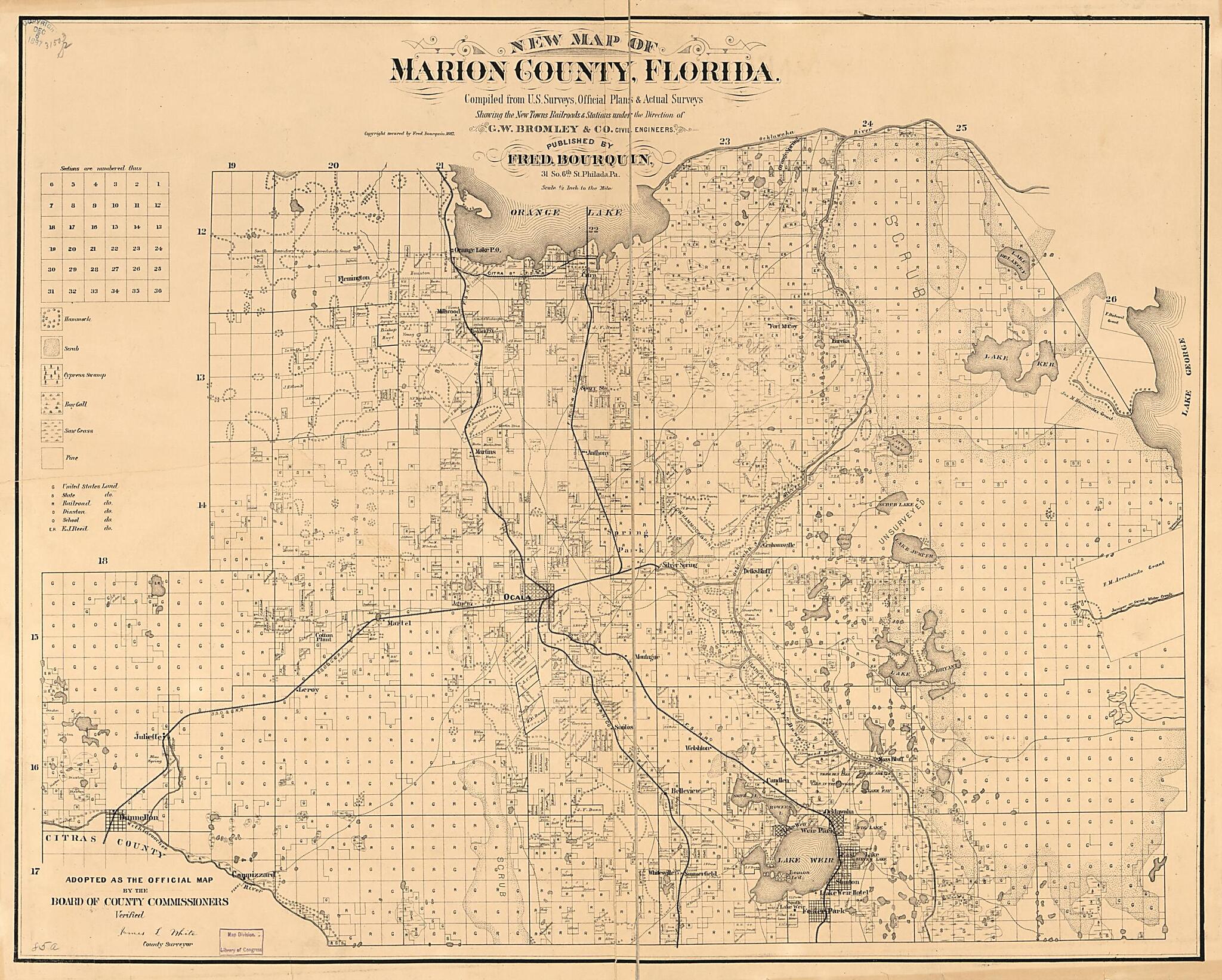 This old map of New Map of Marion County, Florida (Marion County, Florida) from 1887 was created by F. (Frederick) Bourquin, G.W. Bromley & Co in 1887