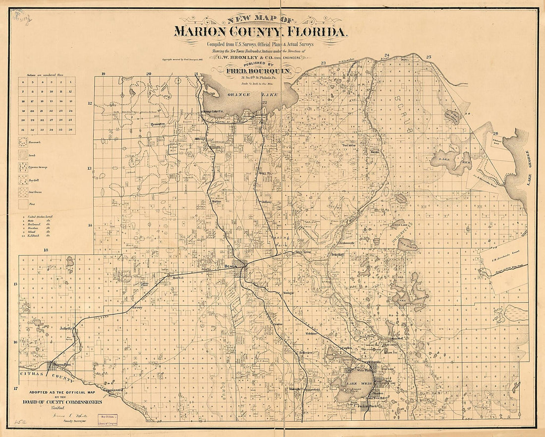 This old map of New Map of Marion County, Florida (Marion County, Florida) from 1887 was created by F. (Frederick) Bourquin, G.W. Bromley & Co in 1887
