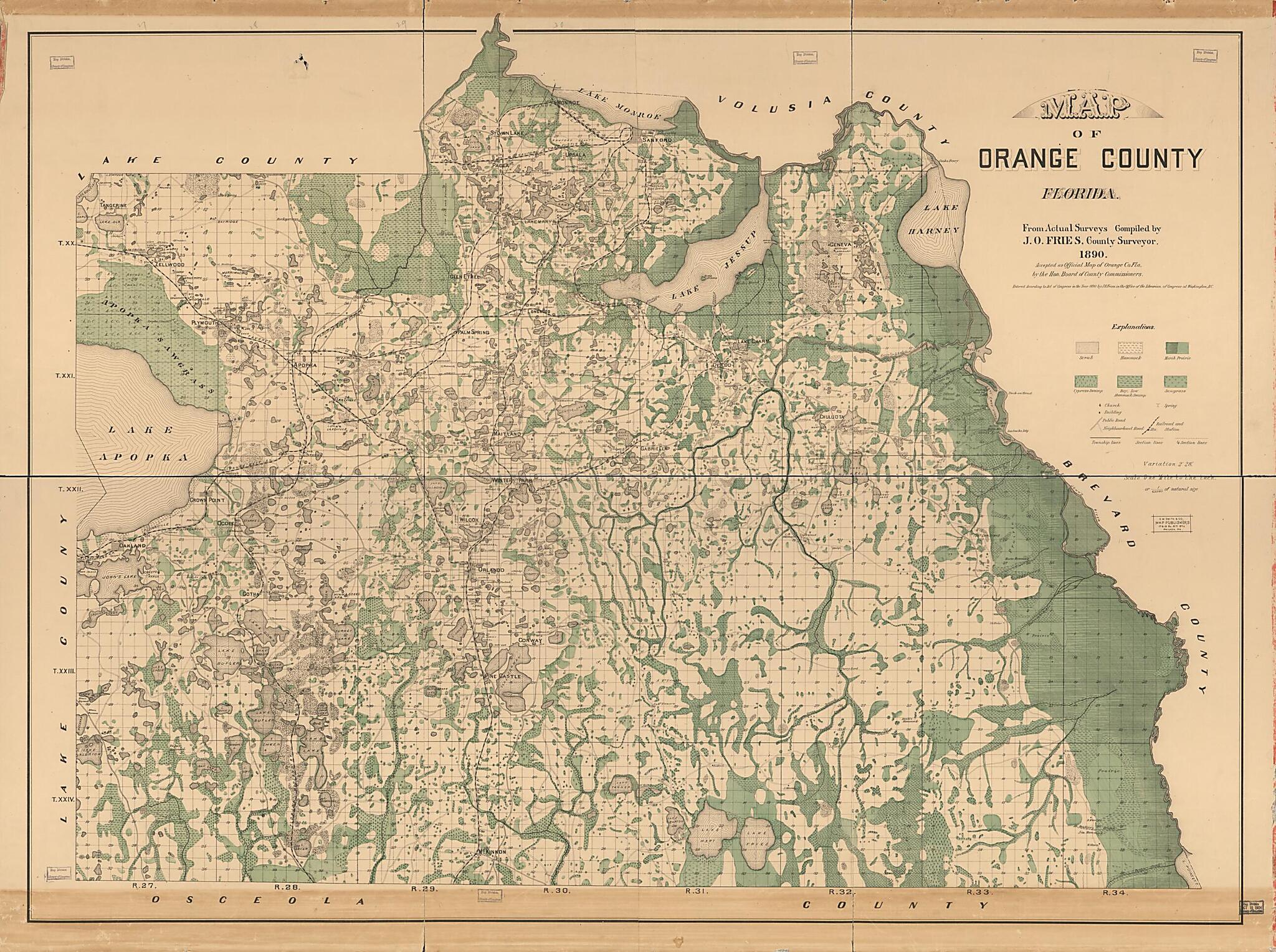 This old map of Map of Orange County, Florida from 1890 was created by E.W. Smith & Co, J. O. Fries in 1890