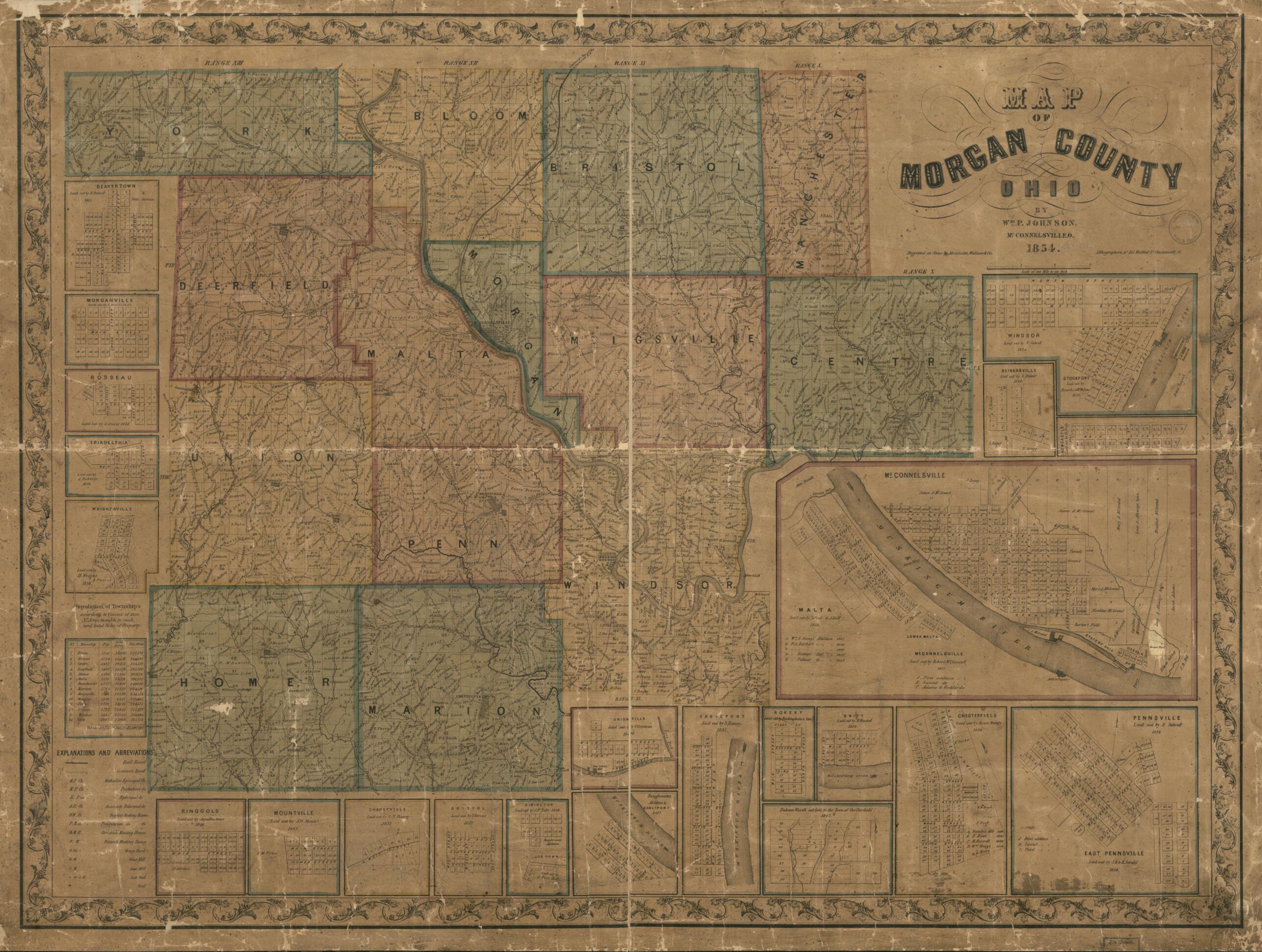 This old map of Map of Morgan County, Ohio from 1854 was created by Wm. P. Johnson, Wallace & Co Middleton in 1854