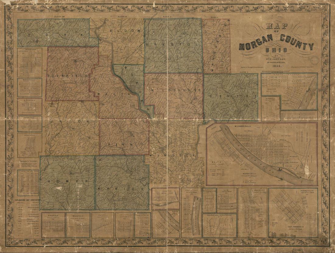 This old map of Map of Morgan County, Ohio from 1854 was created by Wm. P. Johnson, Wallace & Co Middleton in 1854