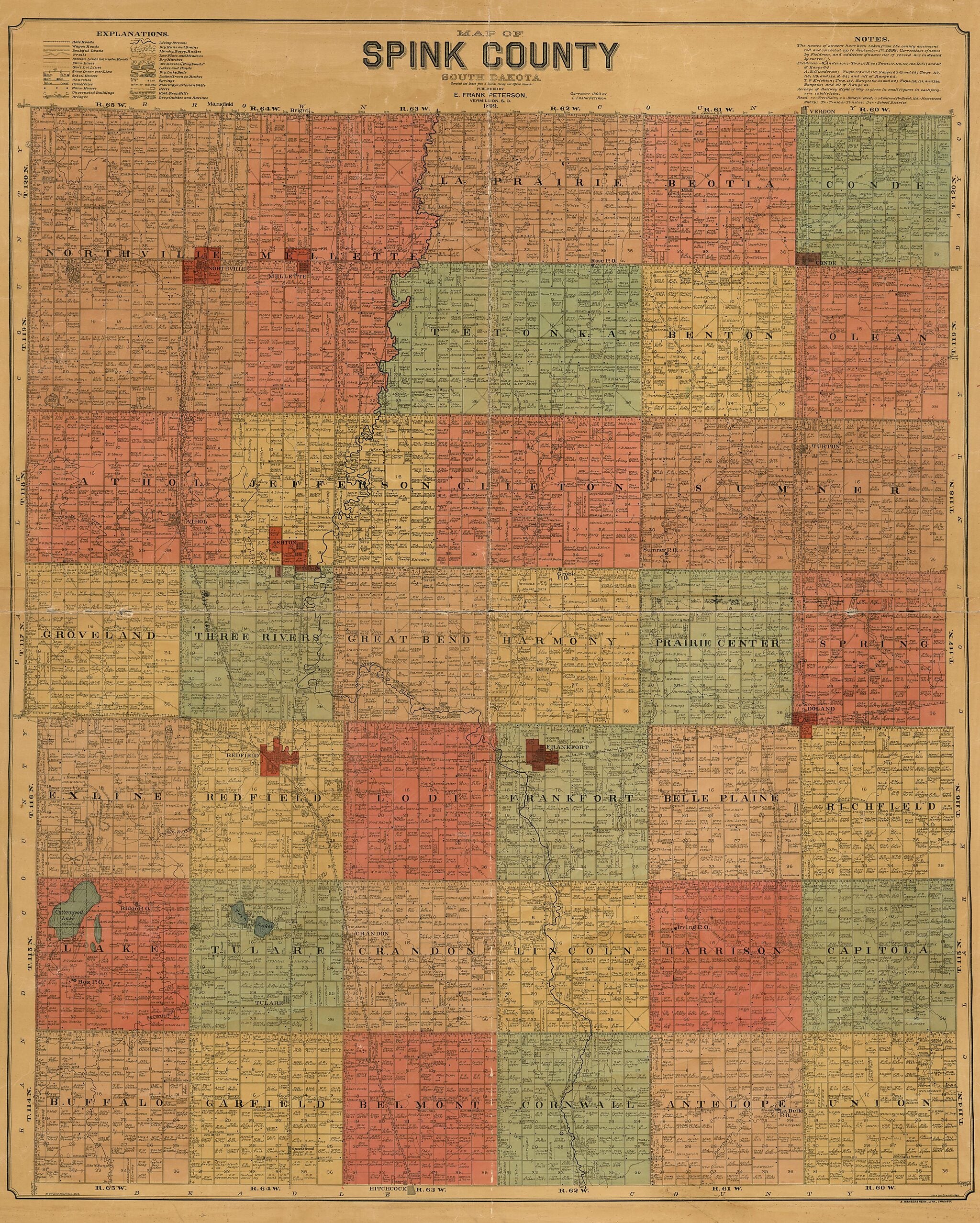 This old map of Map of Spink County, South Dakota : Compiled and Drawn from a Special Survey and Official Records from 1899 was created by E. Frank Peterson, S. Wangersheim in 1899