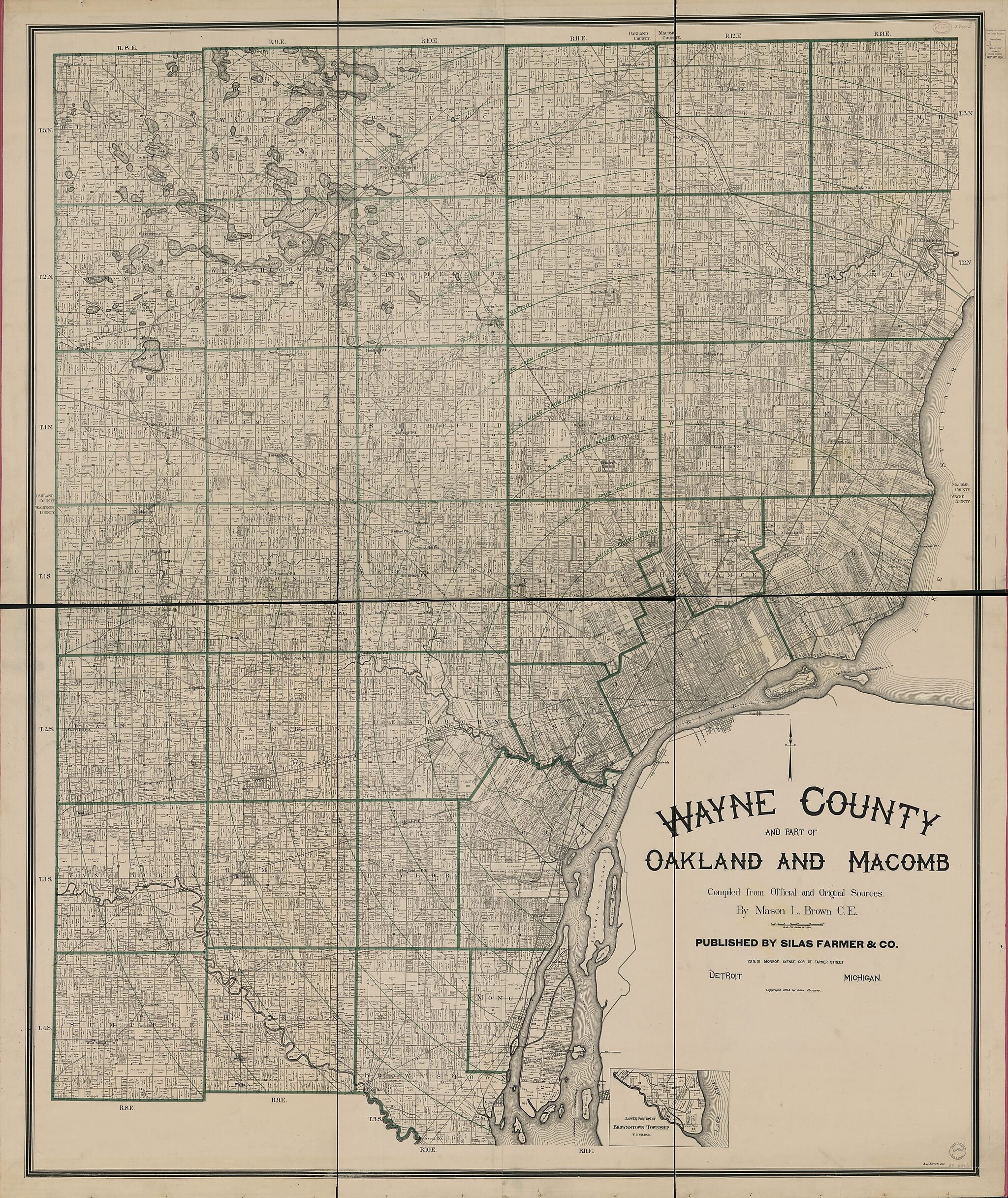 This old map of Wayne County and Part of Oakland and Macomb from 1894 was created by Mason L. Brown, Silas Farmer & Co in 1894