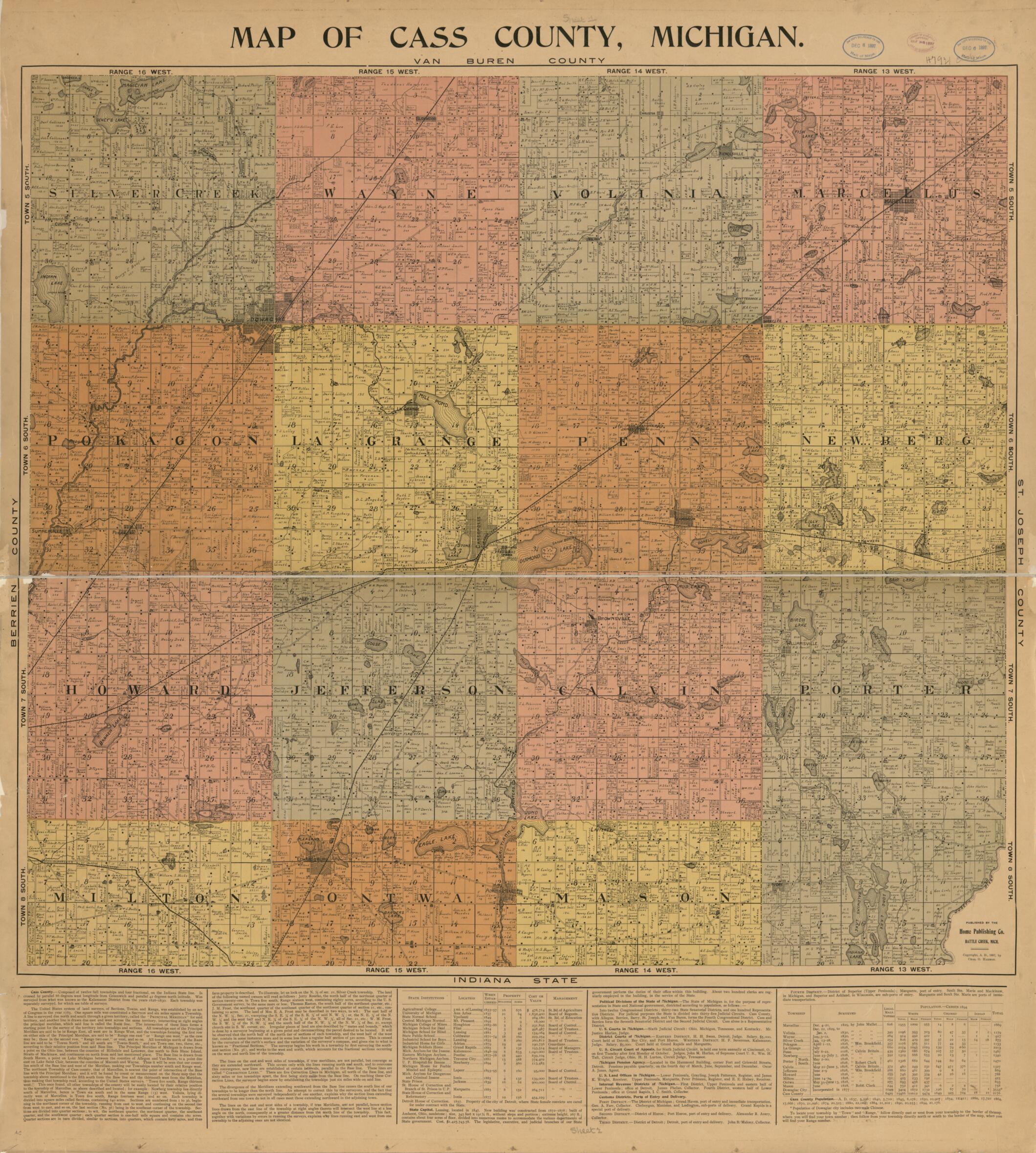 This old map of Map Cass County, Michigan from 1897 was created by in 1897