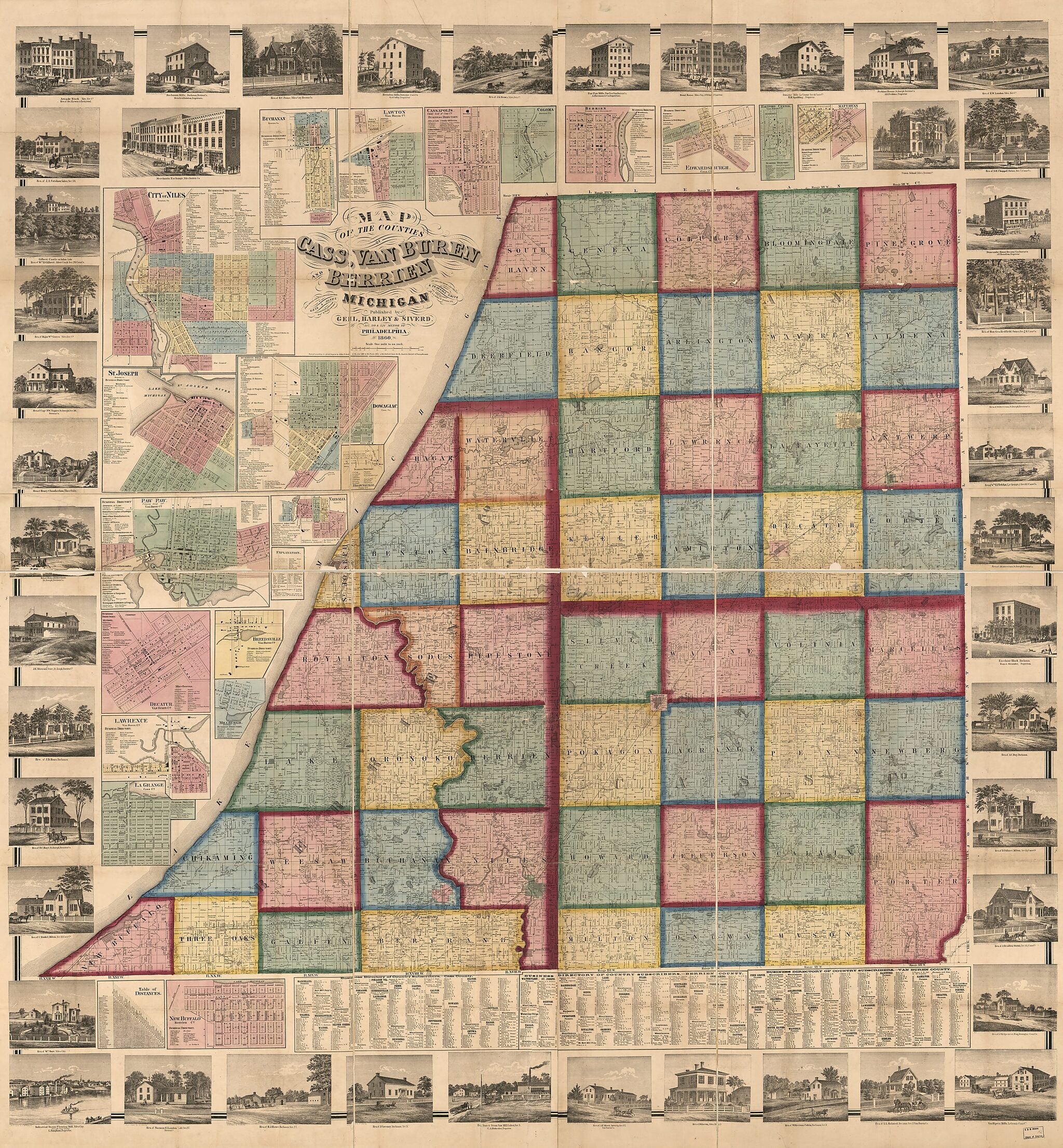 This old map of Map of the Counties of Cass, Van Buren, and Berrien Michigan from 1859 was created by Geil and Jones, Harley & Siverd Geil, Robert Pearsall Smith, Worley & Bracher in 1859