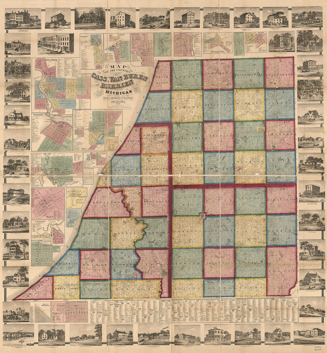 This old map of Map of the Counties of Cass, Van Buren, and Berrien Michigan from 1859 was created by Geil and Jones, Harley & Siverd Geil, Robert Pearsall Smith, Worley & Bracher in 1859
