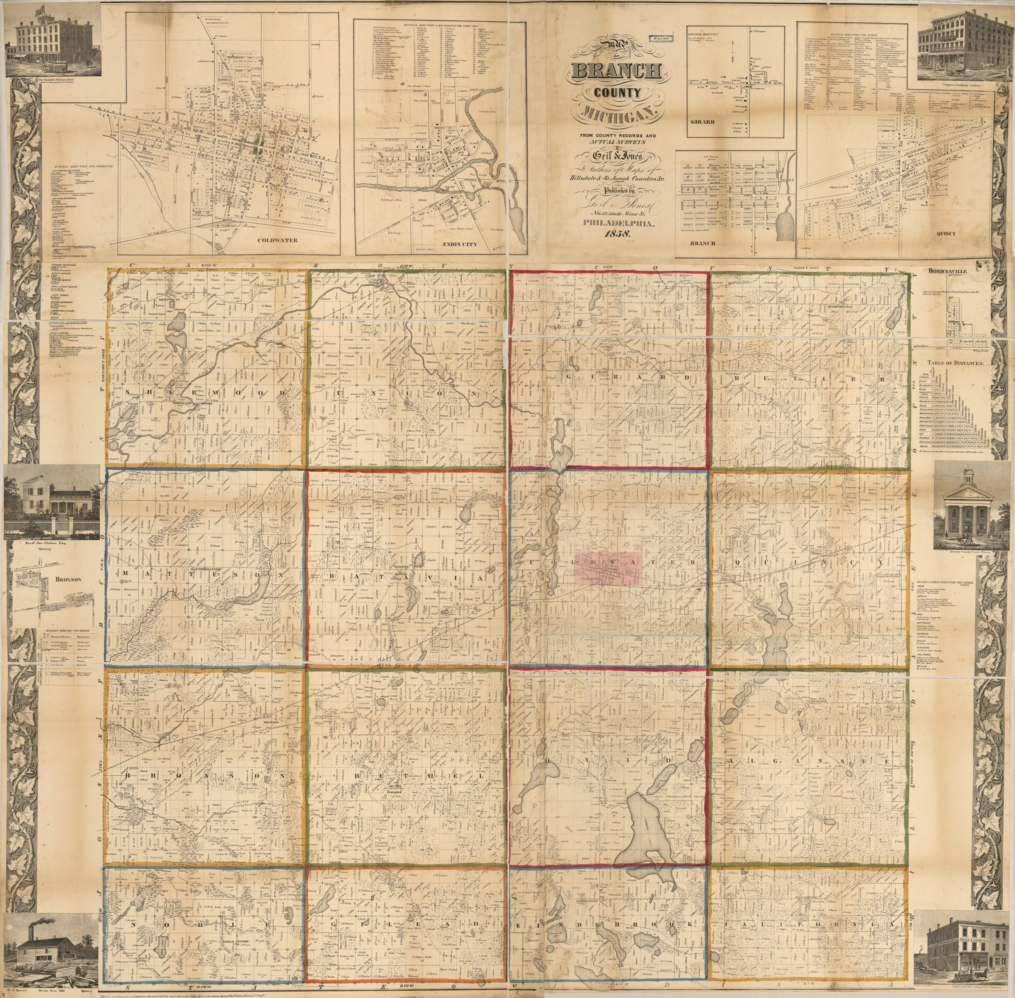 This old map of Map of Branch County, Michigan from 1858 was created by Geil and Jones, Samuel Geil in 1858