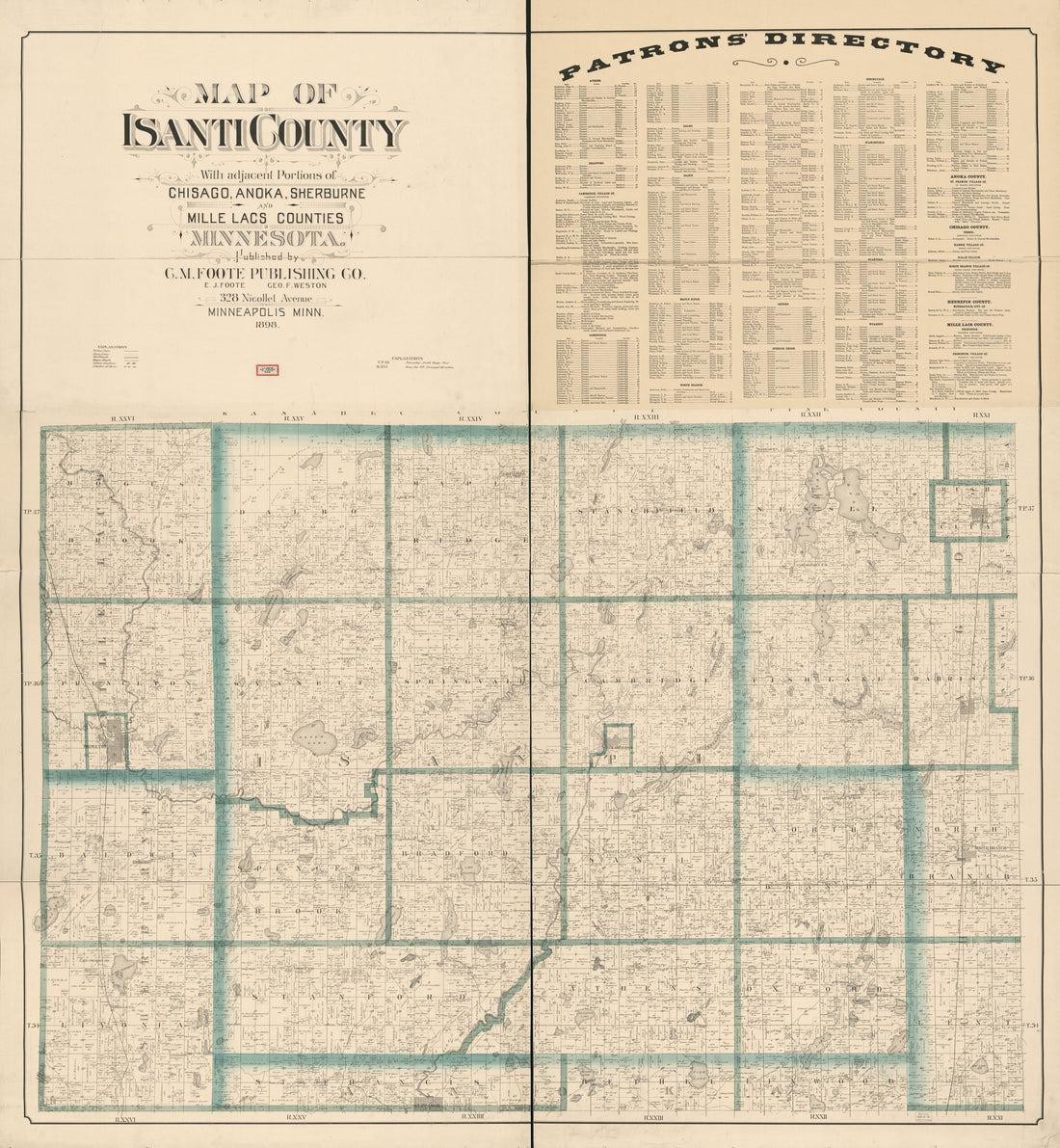 This old map of Map of Isanti County : With Adjacent Portions of Chisago, Anoka, Sherburne, and Mille Lacs Counties, Minnesota from 1898 was created by Minn.) C.M. Foote & Co. (Minneapolis in 1898