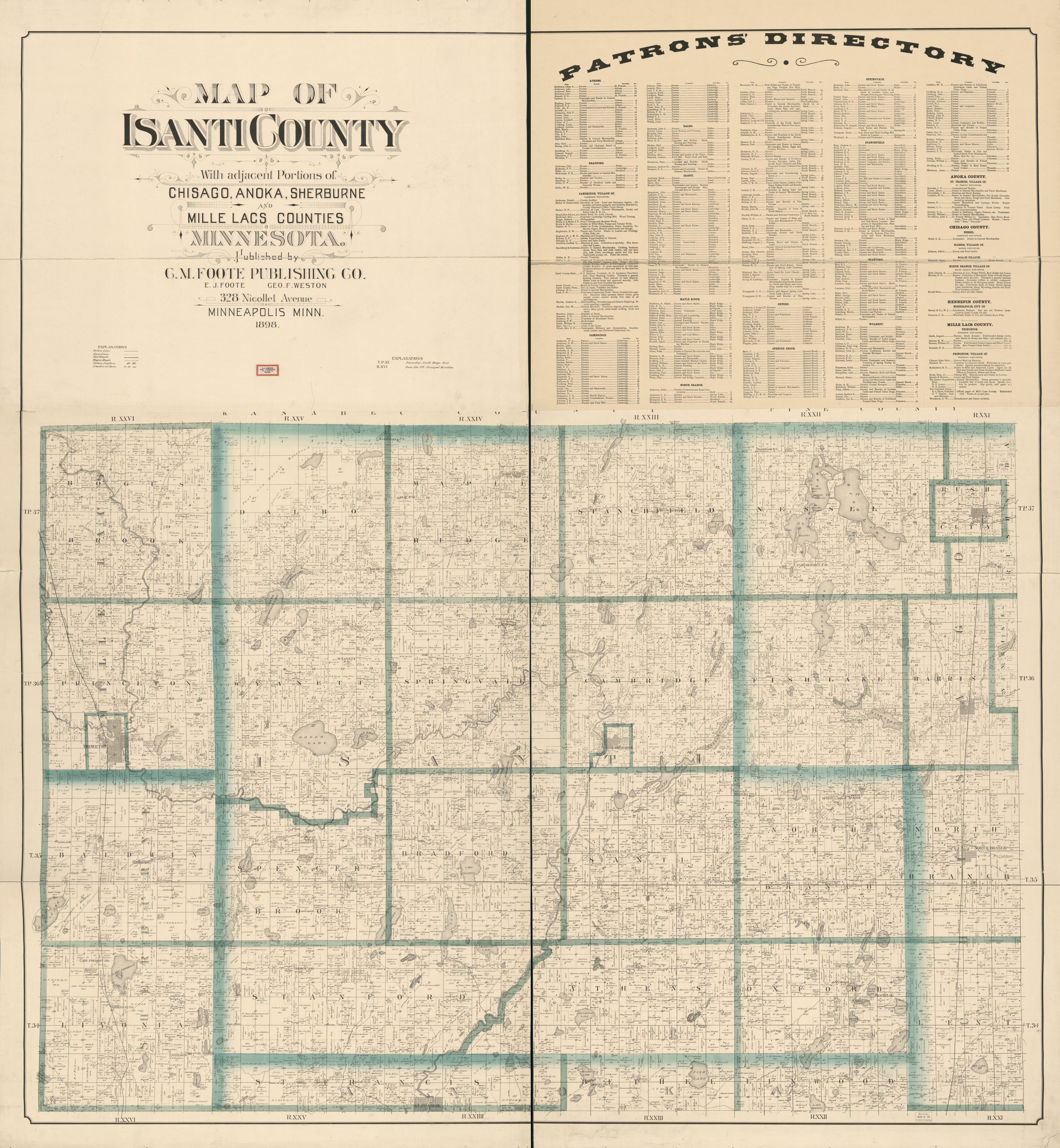 This old map of Map of Isanti County : With Adjacent Portions of Chisago, Anoka, Sherburne, and Mille Lacs Counties, Minnesota from 1898 was created by Minn.) C.M. Foote & Co. (Minneapolis in 1898