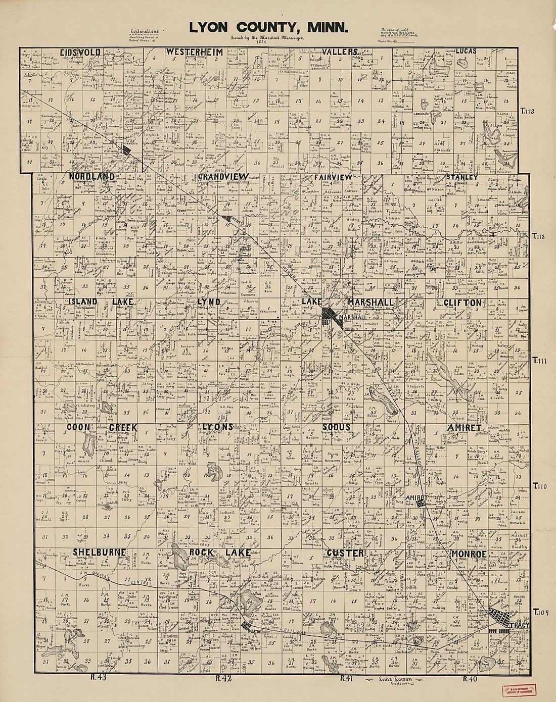 This old map of Lyon County, Minnesota from 1884 was created by Louis Larson in 1884