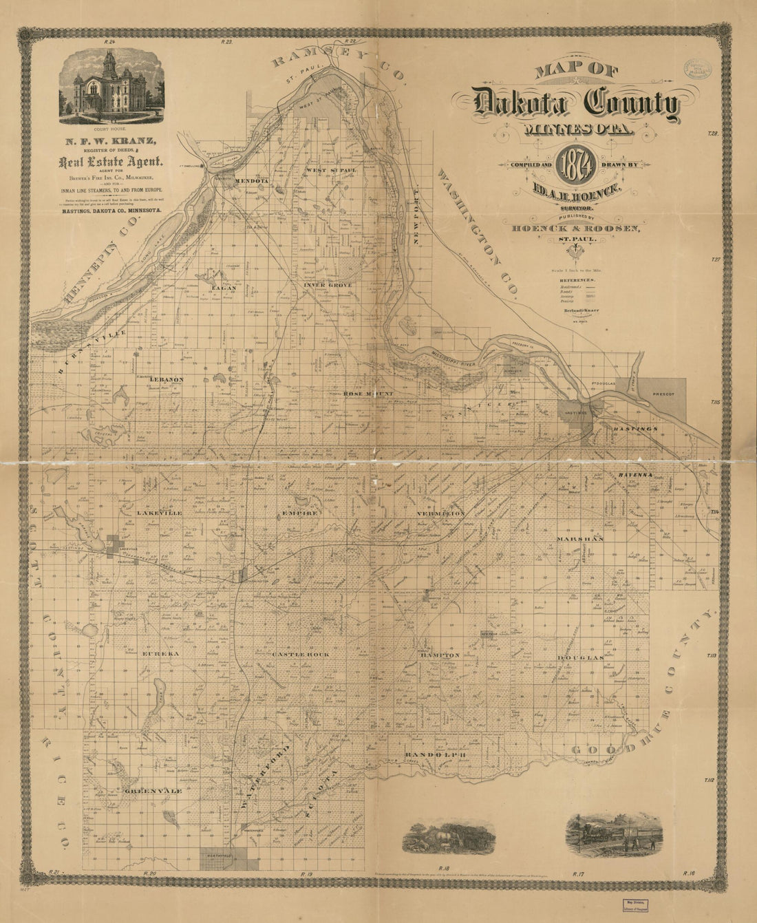 This old map of Map of Dakota County, Minnesota from 1874 was created by Hoenck & Roosen, Edward A. H. Hoenck in 1874