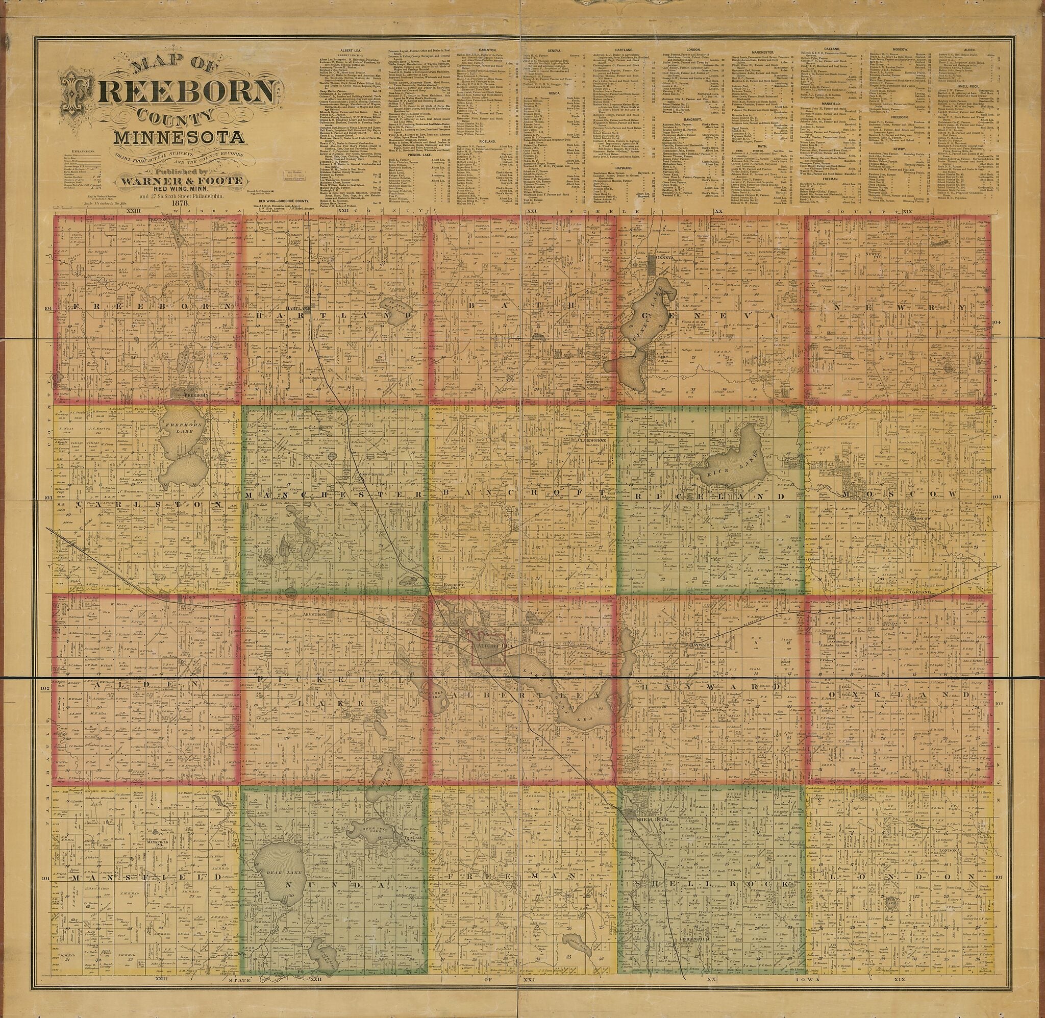 This old map of Map of Freeborn County, Minnesota : Drawn from Actual Surveys and the County Records from 1878 was created by Warner & Foote, Worley & Bracher in 1878