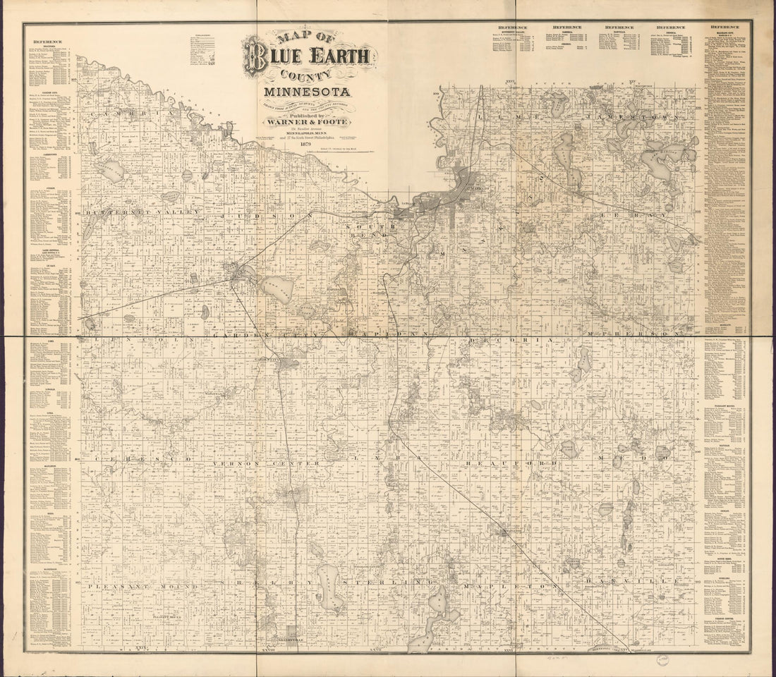 This old map of Map of Blue Earth County, Minnesota : Drawn from Actual Surveys and the County Records from 1879 was created by F. (Frederick) Bourquin, Warner & Foote, Worley & Bracher in 1879