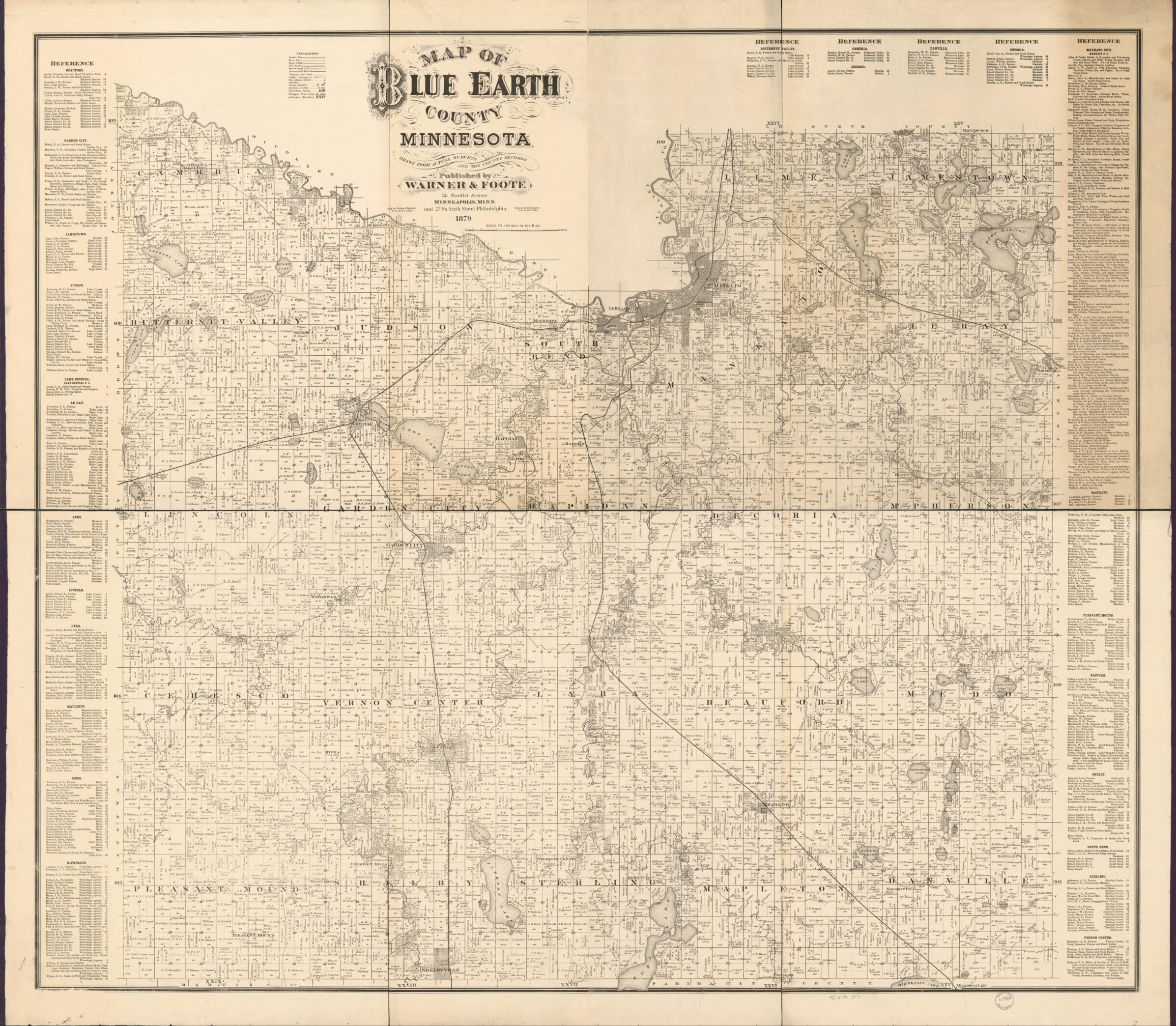 This old map of Map of Blue Earth County, Minnesota : Drawn from Actual Surveys and the County Records from 1879 was created by F. (Frederick) Bourquin, Warner & Foote, Worley & Bracher in 1879