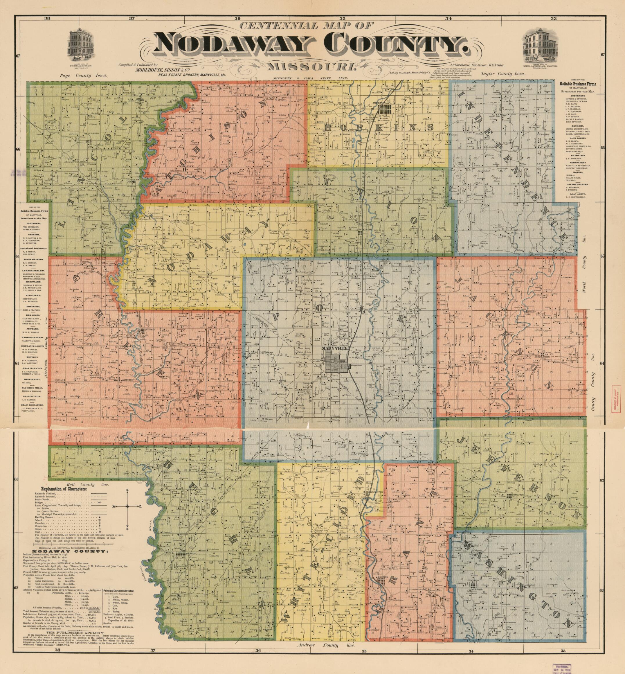 This old map of Centennial Map of Nodaway County, Missouri from 1900 was created by Sisson & Co Morehouse in 1900