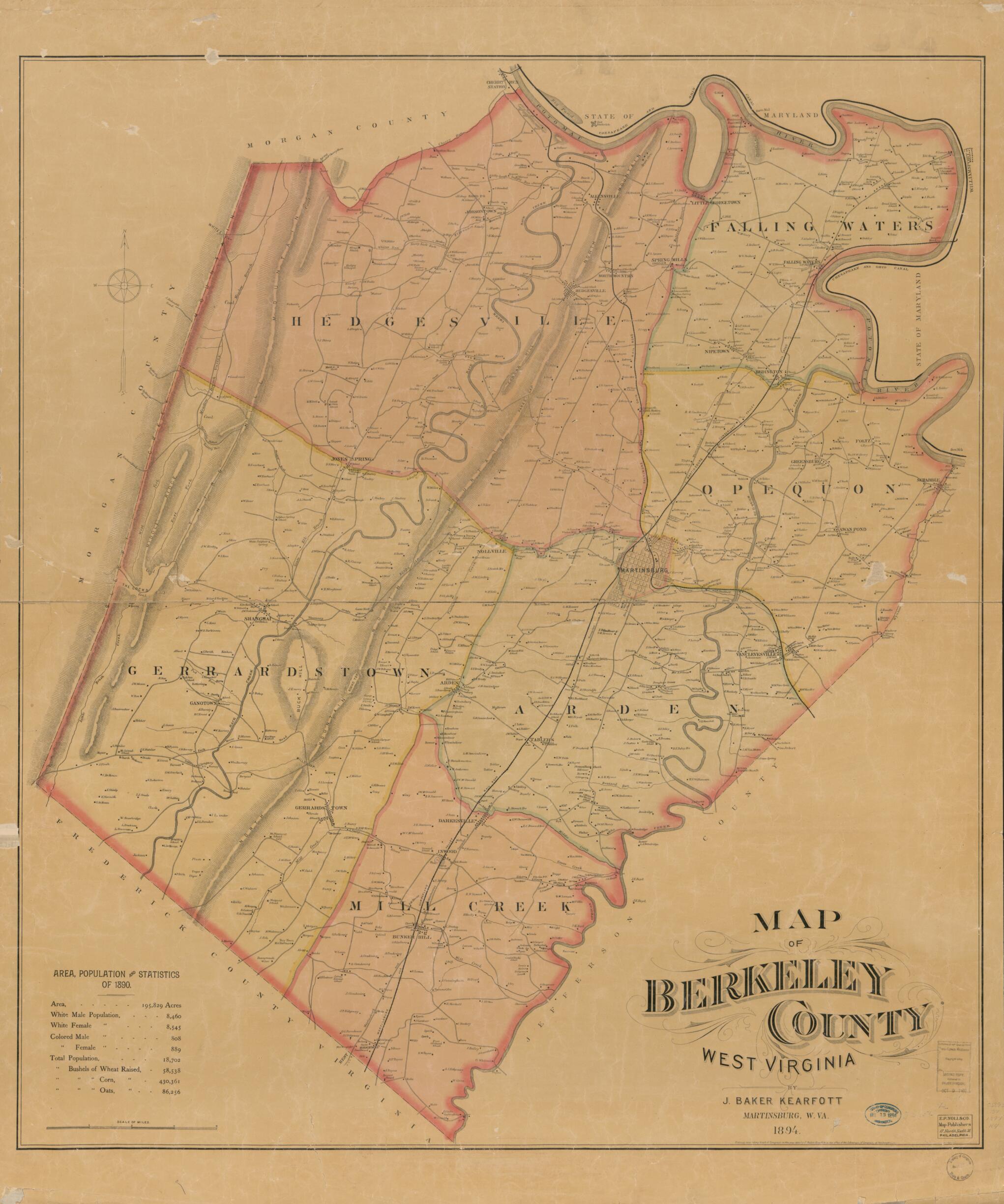 This old map of Map of Berkeley County, West Virginia from 1894 was created by E.P. Noll & Co, J. Baker Kearfott in 1894