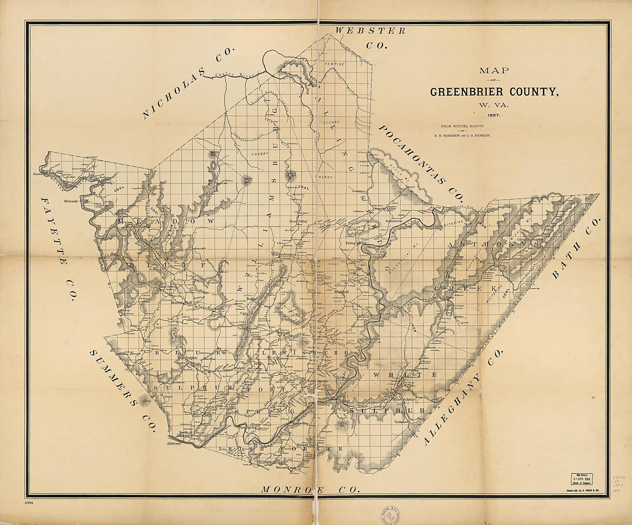 This old map of Map of Greenbrier County, W.Va. : from Actual Survey (Map of Greenbrier County, West Virginia) from 1887 was created by A. Hoen & Co, J. O. Handley, H. H. Harrison in 1887