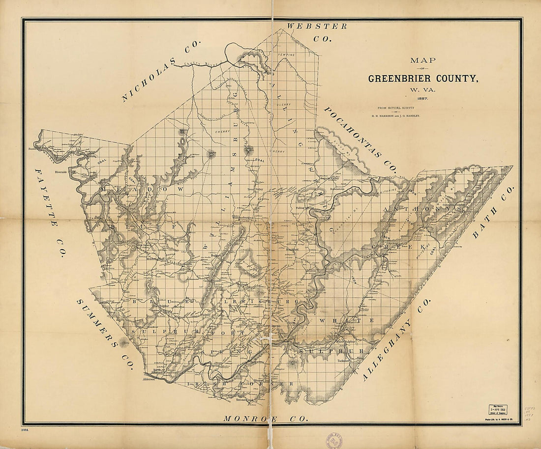 This old map of Map of Greenbrier County, W.Va. : from Actual Survey (Map of Greenbrier County, West Virginia) from 1887 was created by A. Hoen & Co, J. O. Handley, H. H. Harrison in 1887