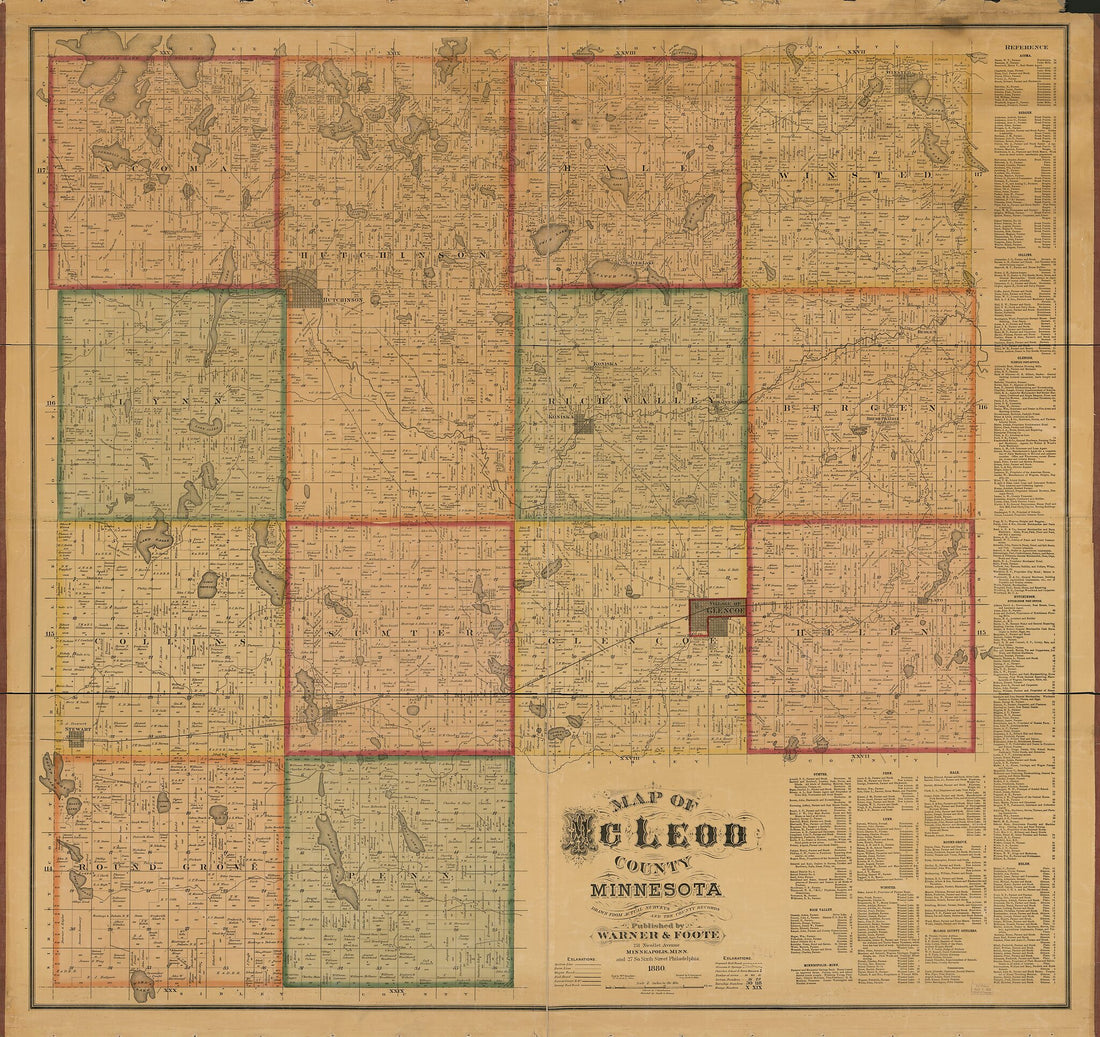 This old map of Map of McLeod County, Minnesota : Drawn from Actual Surveys and the County Records from 1880 was created by Wm. (William) Bracher, Warner & Foote in 1880