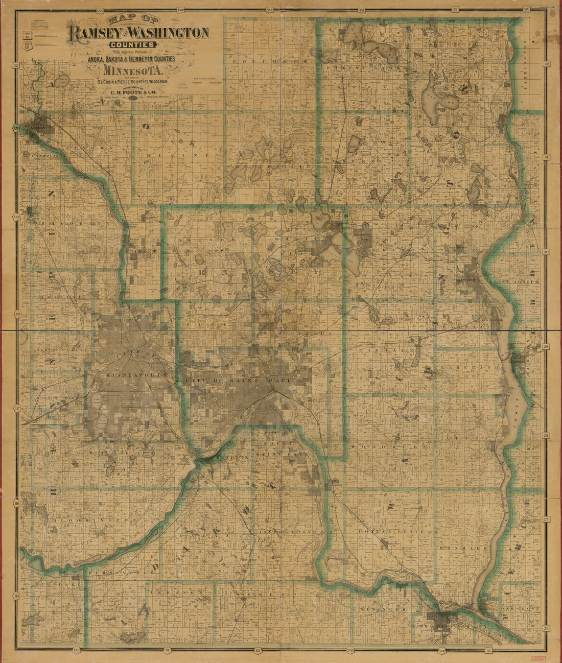 This old map of Map of Ramsey and Washington Counties : With Adjacent Portions of Anoka, Dakota & Hennepin Counties, Minnesota, and Parts of St. Croix & Pierce Counties, Minnesota from 1887 was created by F. (Frederick) Bourquin, Wm. (William) Bracher, M