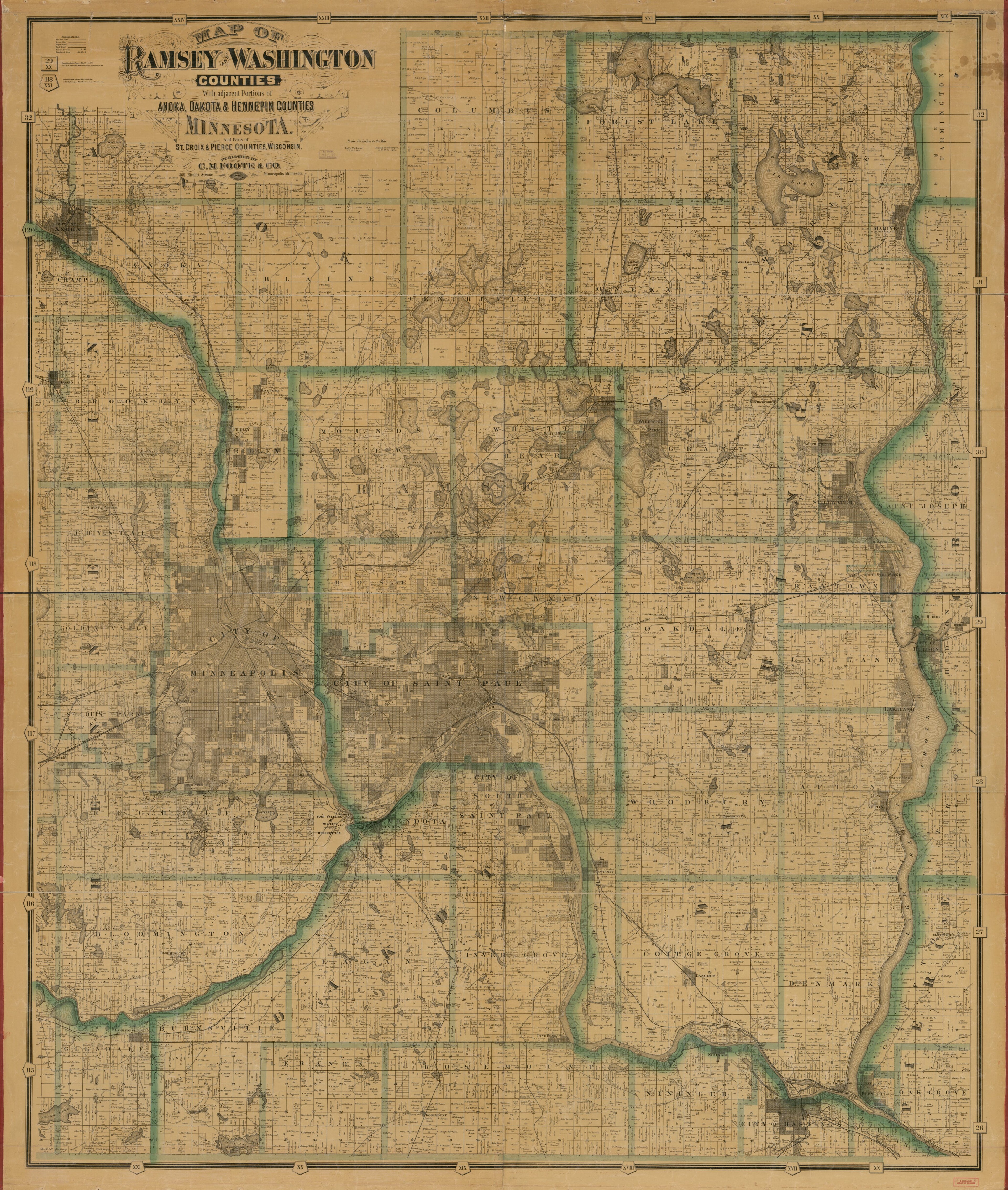 This old map of Map of Ramsey and Washington Counties : With Adjacent Portions of Anoka, Dakota & Hennepin Counties, Minnesota, and Parts of St. Croix & Pierce Counties, Minnesota from 1887 was created by F. (Frederick) Bourquin, Wm. (William) Bracher, M