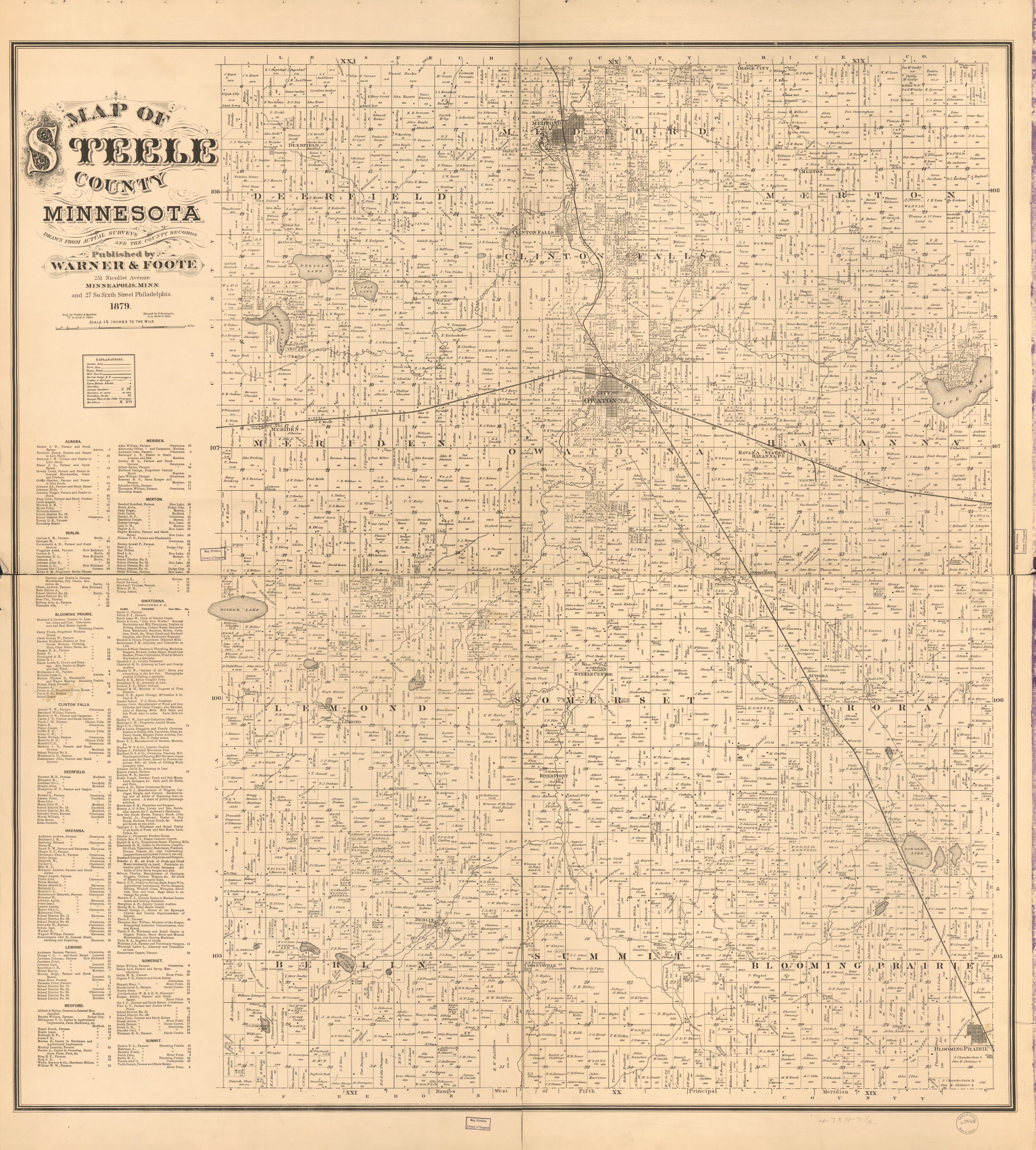 This old map of Map of Steele County, Minnesota : Drawn from Actual Surveys and the County Records from 1879 was created by Warner & Foote, Worley & Bracher in 1879