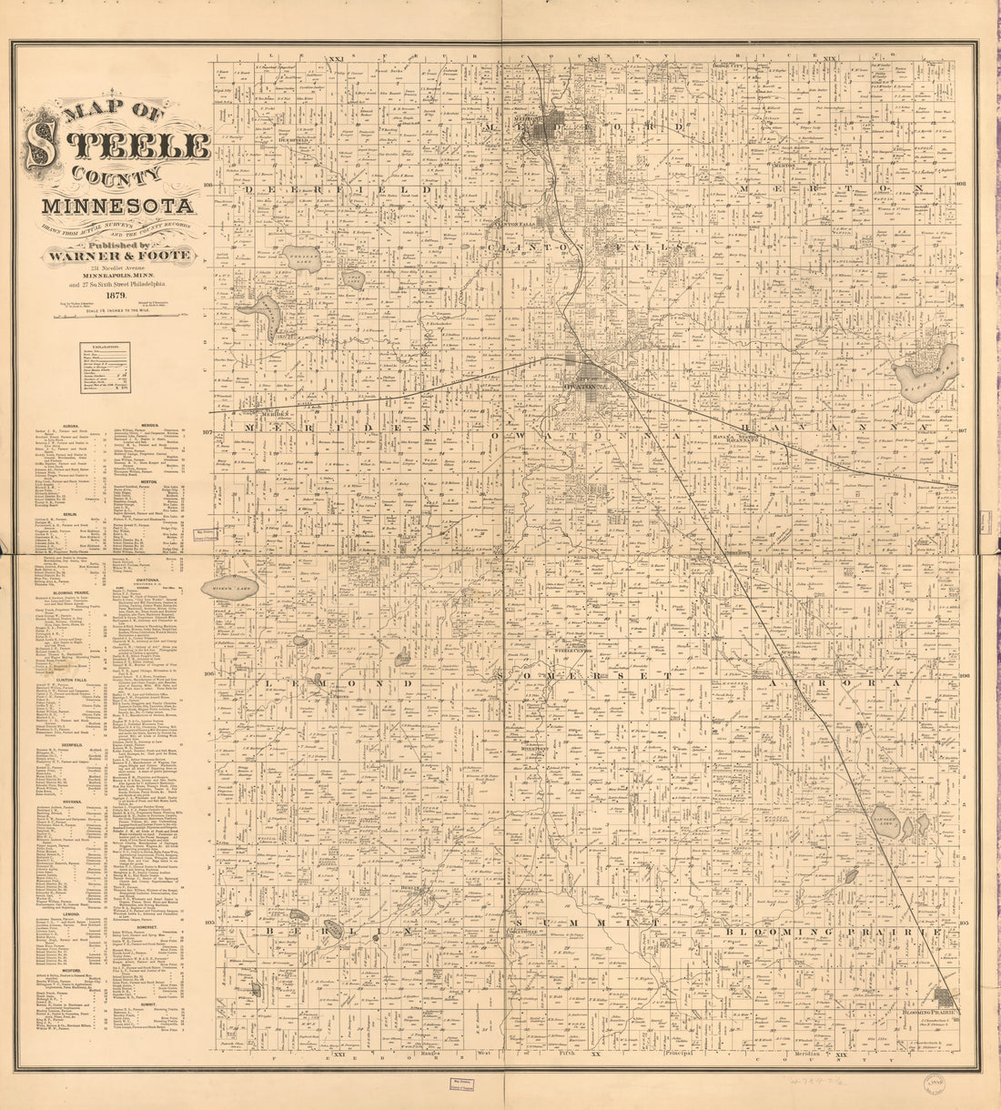 This old map of Map of Steele County, Minnesota : Drawn from Actual Surveys and the County Records from 1879 was created by Warner & Foote, Worley & Bracher in 1879