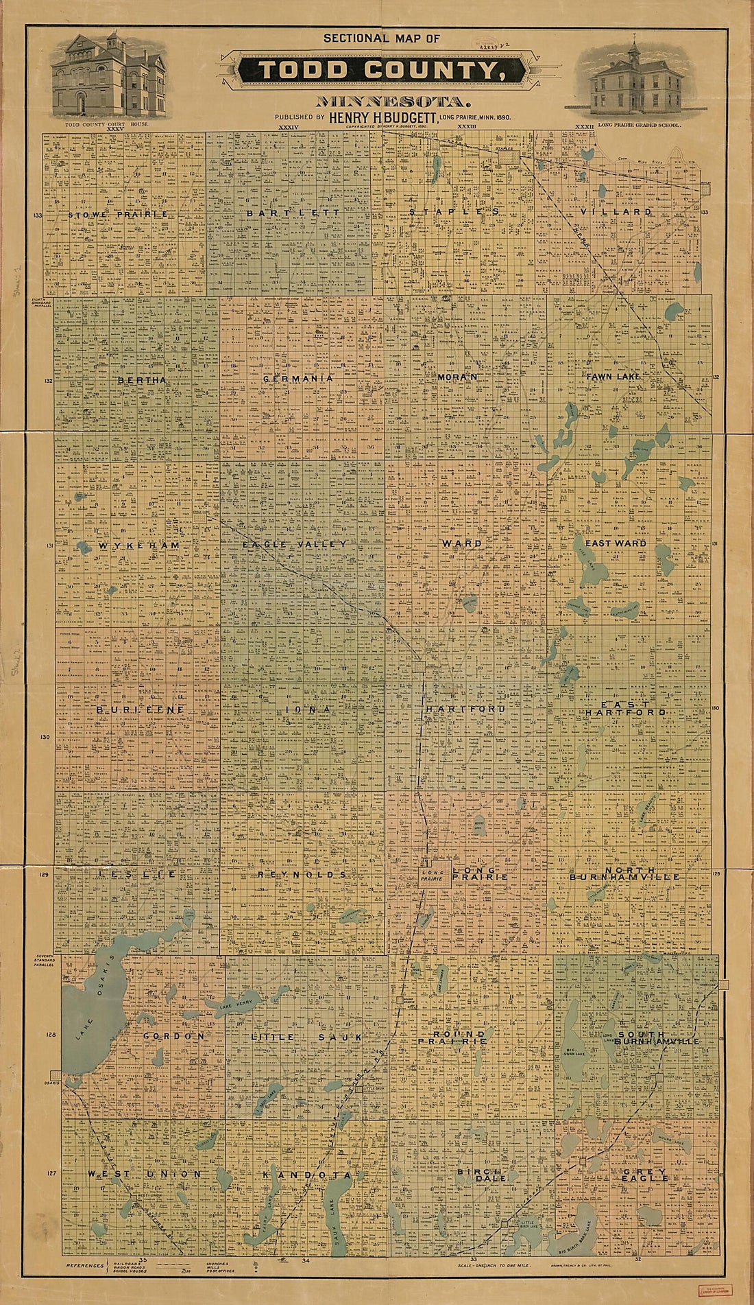 This old map of Sectional Map of Todd County, Minnesota from 1890 was created by Treacy & Co. (Saint Paul Brown, Henry H. Budgett in 1890