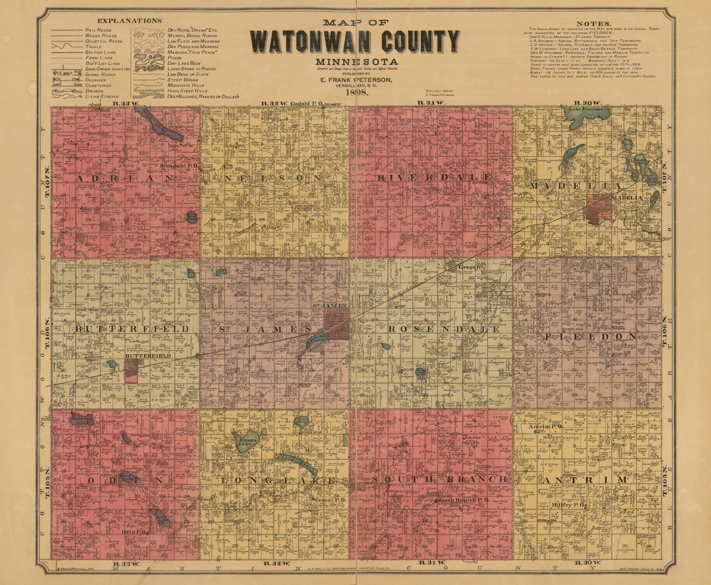 This old map of Map of Watonwan County, Minnesota : Compiled and Drawn from a Special Survey and Official Records from 1898 was created by E.P. Noll & Co, E. Frank Peterson in 1898