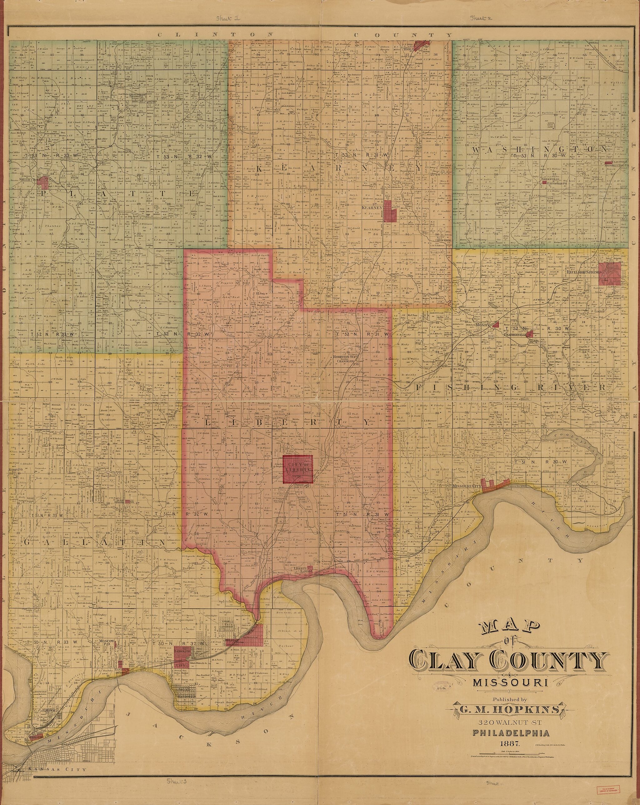This old map of Map of Clay County, Missouri from 1887 was created by Griffith Morgan Hopkins in 1887