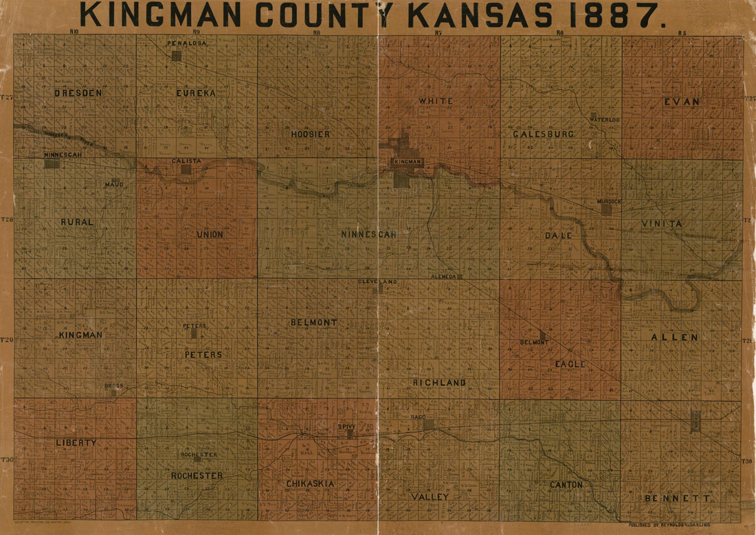 This old map of Kingman County, Kansas, from 1887 was created by Reynolds and Darling in 1887