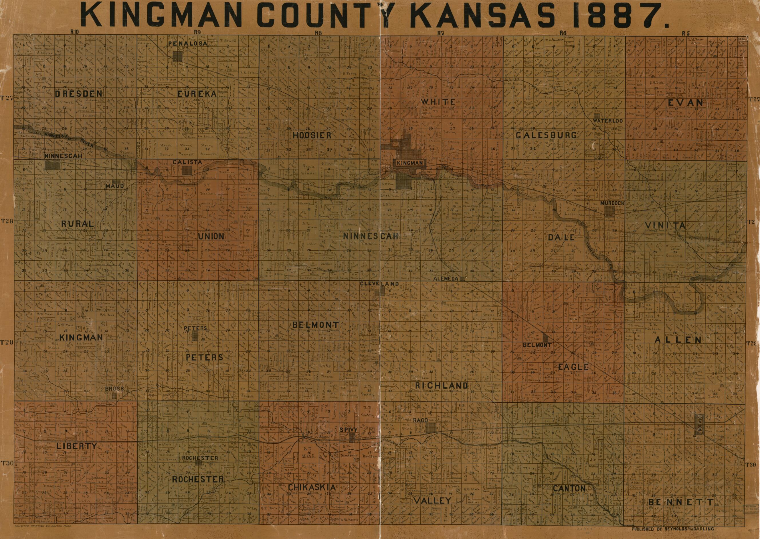 This old map of Kingman County, Kansas, from 1887 was created by Reynolds and Darling in 1887