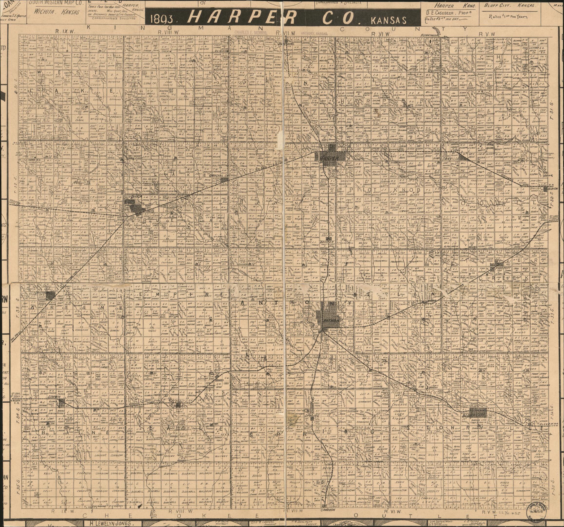 This old map of Harper Co. Kansas. ( Harper County Kansas, Harper Co. Kansas) from 1893 was created by Southwestern Map Co in 1893