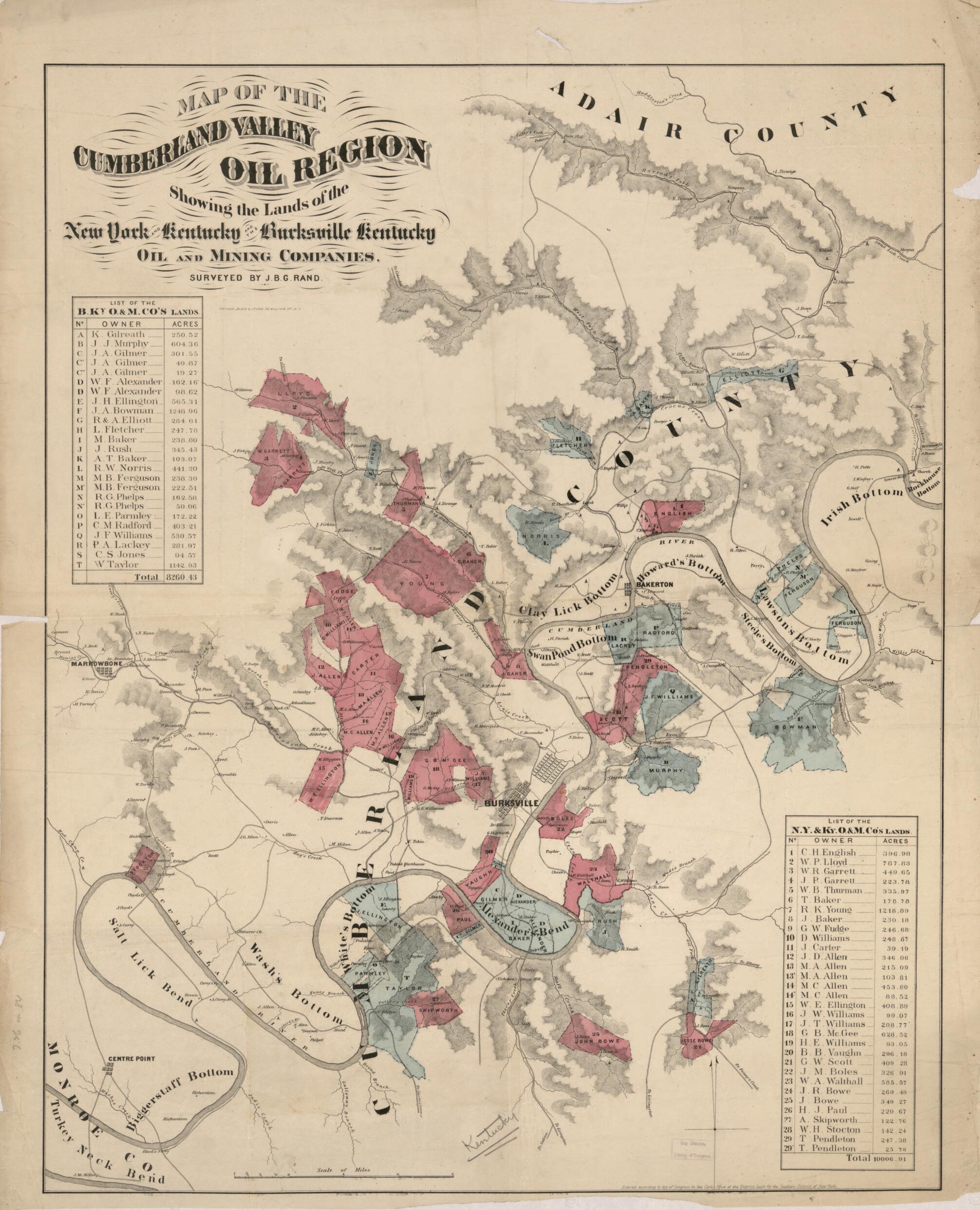 This old map of Map of the Cumberland Valley Oil Region : Showing the Lands of the New York and Kentucky and the Burksville Kentucky Oil and Mining Companies from 1870 was created by J. B. G. Rand, Black & Sturn Snyder in 1870
