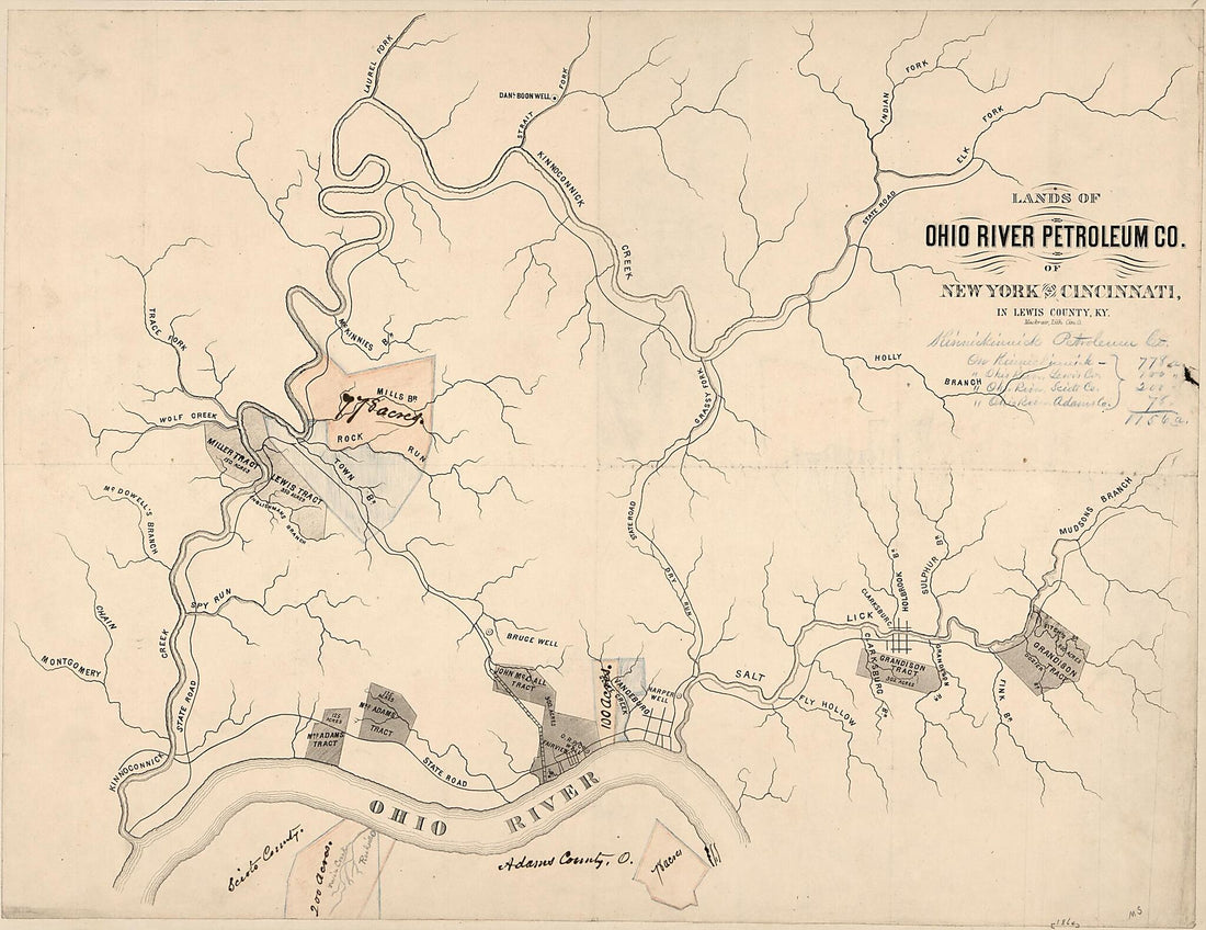 This old map of Lands of Ohio River Petroleum County of New York and Cincinnati In Lewis County, Ky. (Lands of Ohio River Petroleum Company of New York and Cincinnati In Lewis County, Kentucky) from 1864 was created by in 1864