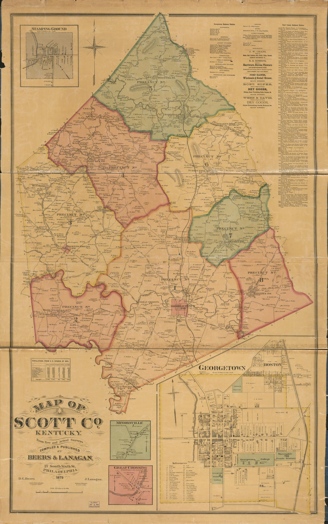 This old map of Map of Scott Co., Kentucky (Map of Scott County, Kentucky) from 1879 was created by D. G. (Daniel G.) Beers, F. (Frederick) Bourquin, J. Lanagan, Worley & Bracher in 1879