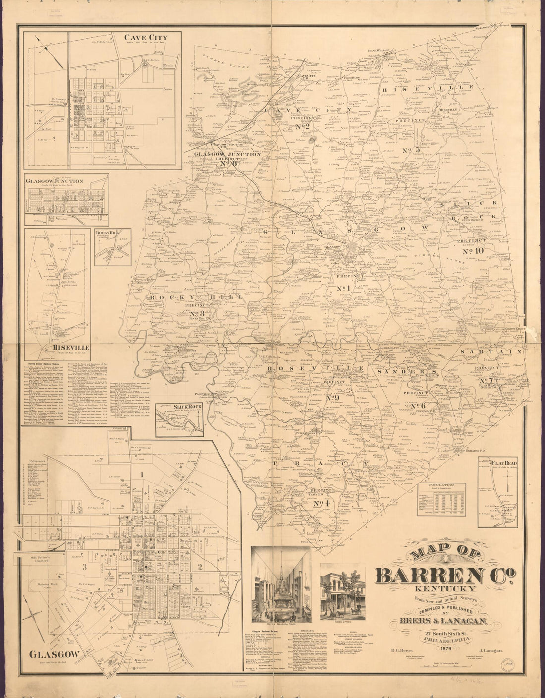 This old map of Map of Barren Co., Kentucky (Map of Barren County, Kentucky) from 1879 was created by D. G. (Daniel G.) Beers, F. (Frederick) Bourquin, D.G. Beers & Co, J. Lanagan, Worley & Bracher in 1879