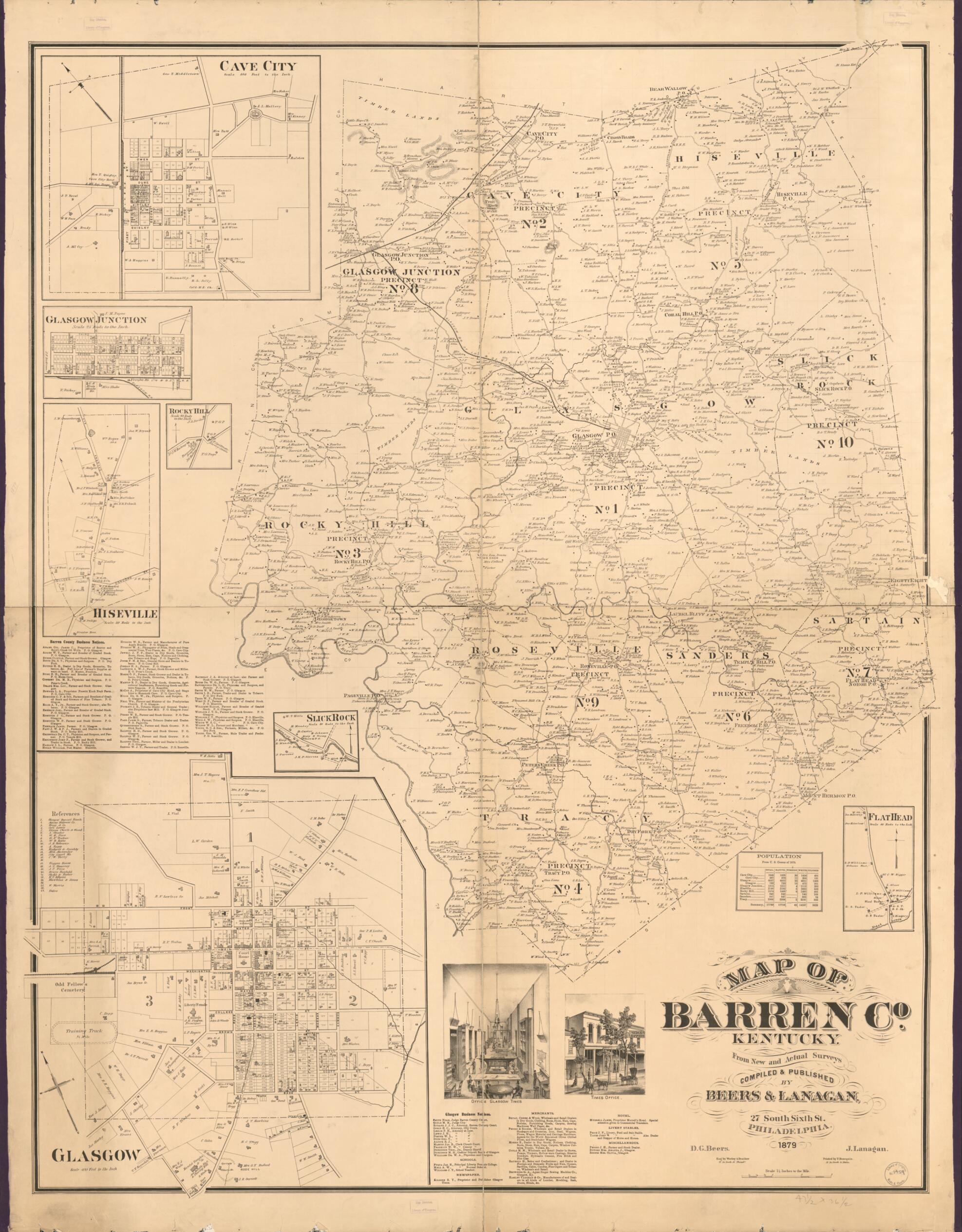This old map of Map of Barren Co., Kentucky (Map of Barren County, Kentucky) from 1879 was created by D. G. (Daniel G.) Beers, F. (Frederick) Bourquin, D.G. Beers & Co, J. Lanagan, Worley & Bracher in 1879