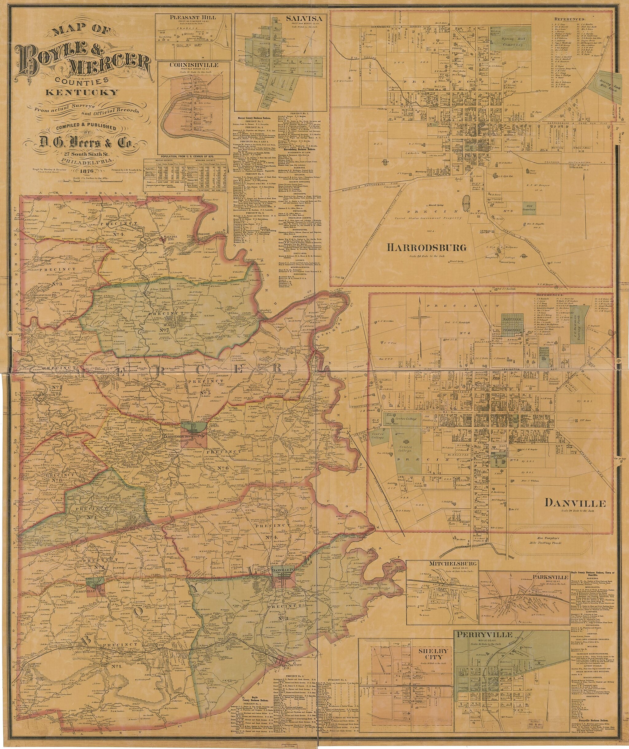 This old map of Map of Boyle & Mercer Counties, Kentucky (Map of Boyle and Mercer Counties, Kentucky) from 1876 was created by D.G. Beers & Co, H.J. Toudy & Co, Worley & Bracher in 1876
