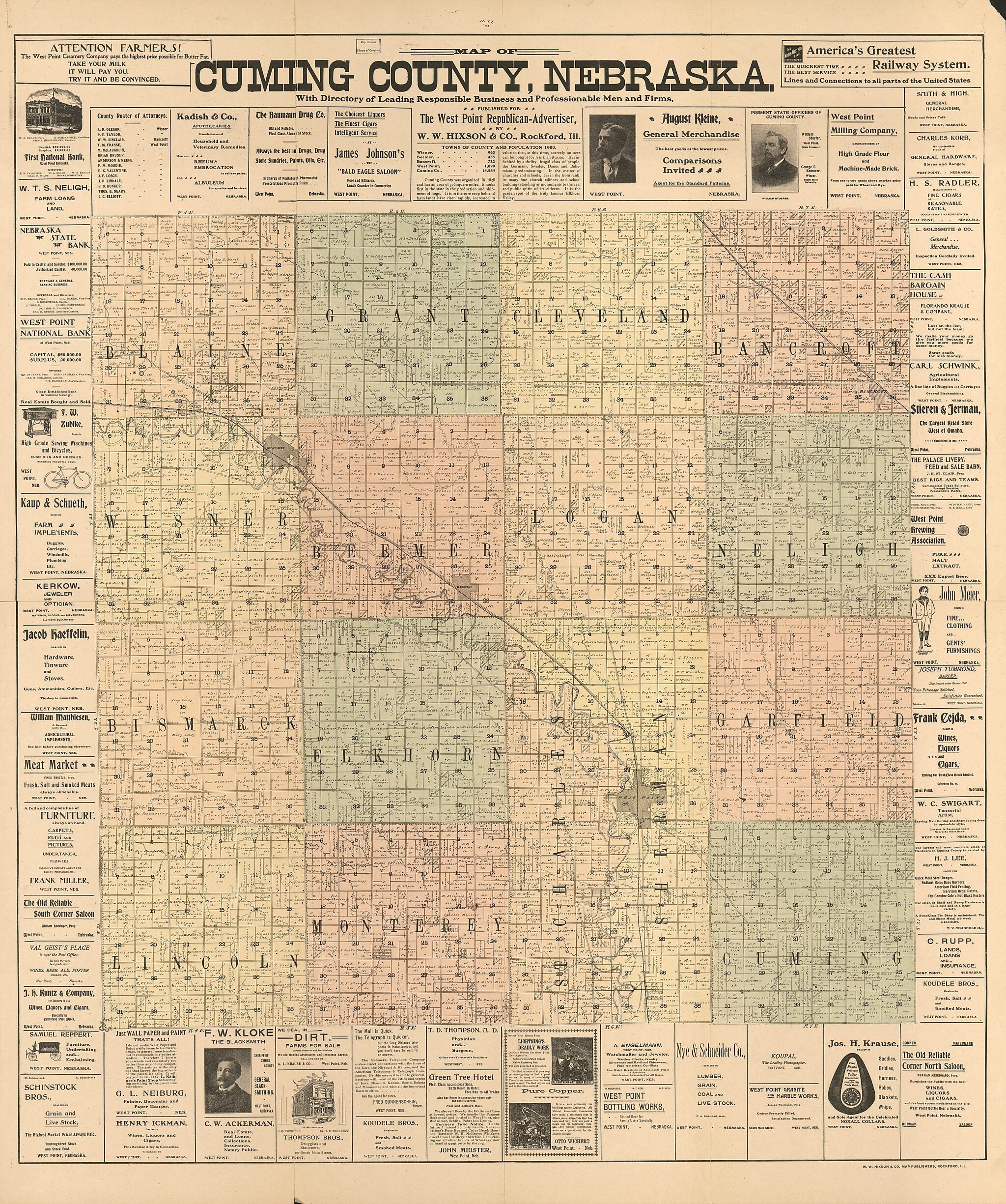 This old map of Map of Cuming County, Nebraska : With Directory of Leading Business and Professional Men and Firms from 1900 was created by W.W. Hixson & Co in 1900