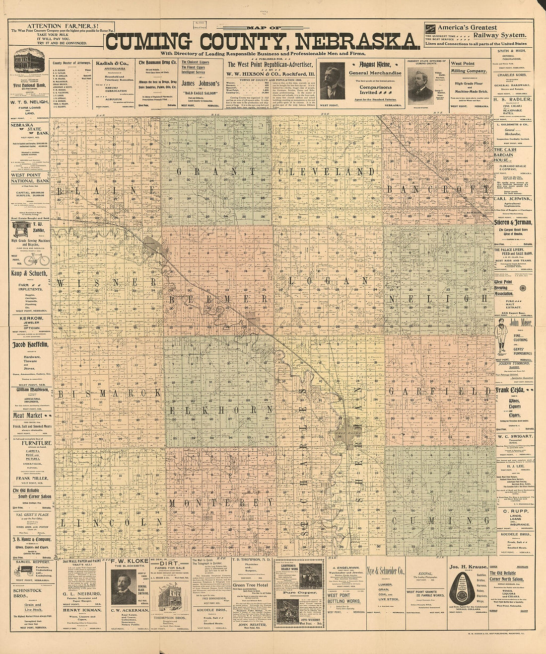 This old map of Map of Cuming County, Nebraska : With Directory of Leading Business and Professional Men and Firms from 1900 was created by W.W. Hixson & Co in 1900