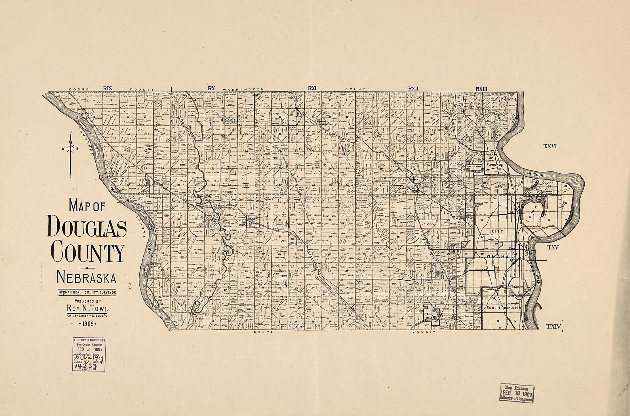 This old map of Map of Douglas County, Nebraska from 1909 was created by Herman Beal in 1909