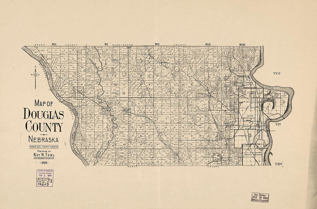 This old map of Map of Douglas County, Nebraska from 1909 was created by Herman Beal in 1909