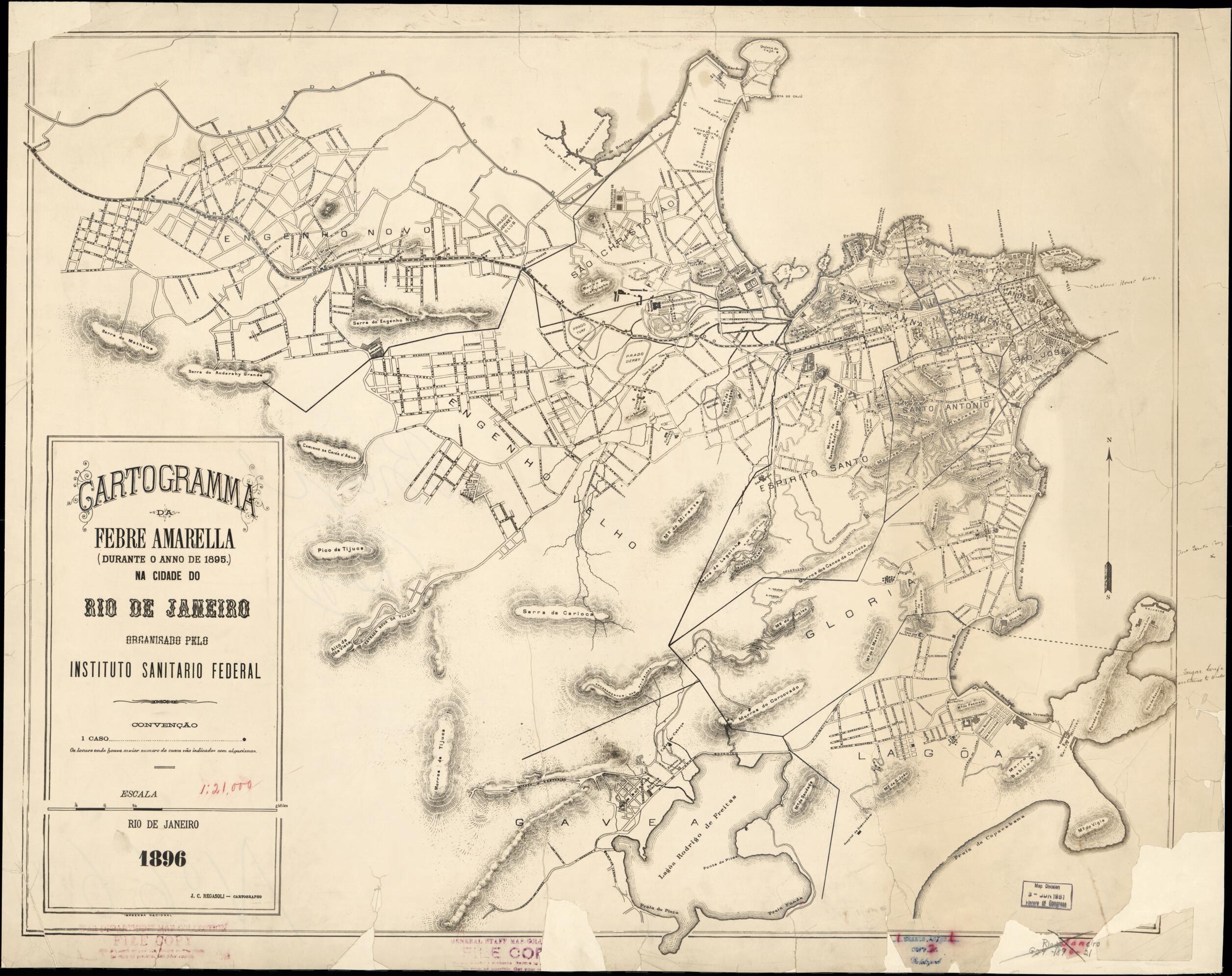 This old map of Cartogramma Da Febre Amarella (durante O Anno De 1895) Na Cidade Do Rio De Janeiro (Febre Amarella (durante O Anno De 1895) Na Cidade Do Rio De Janeiro) from 1896 was created by Instituto Sanitario Federal (Brazil), J. C. Regasoli in 189